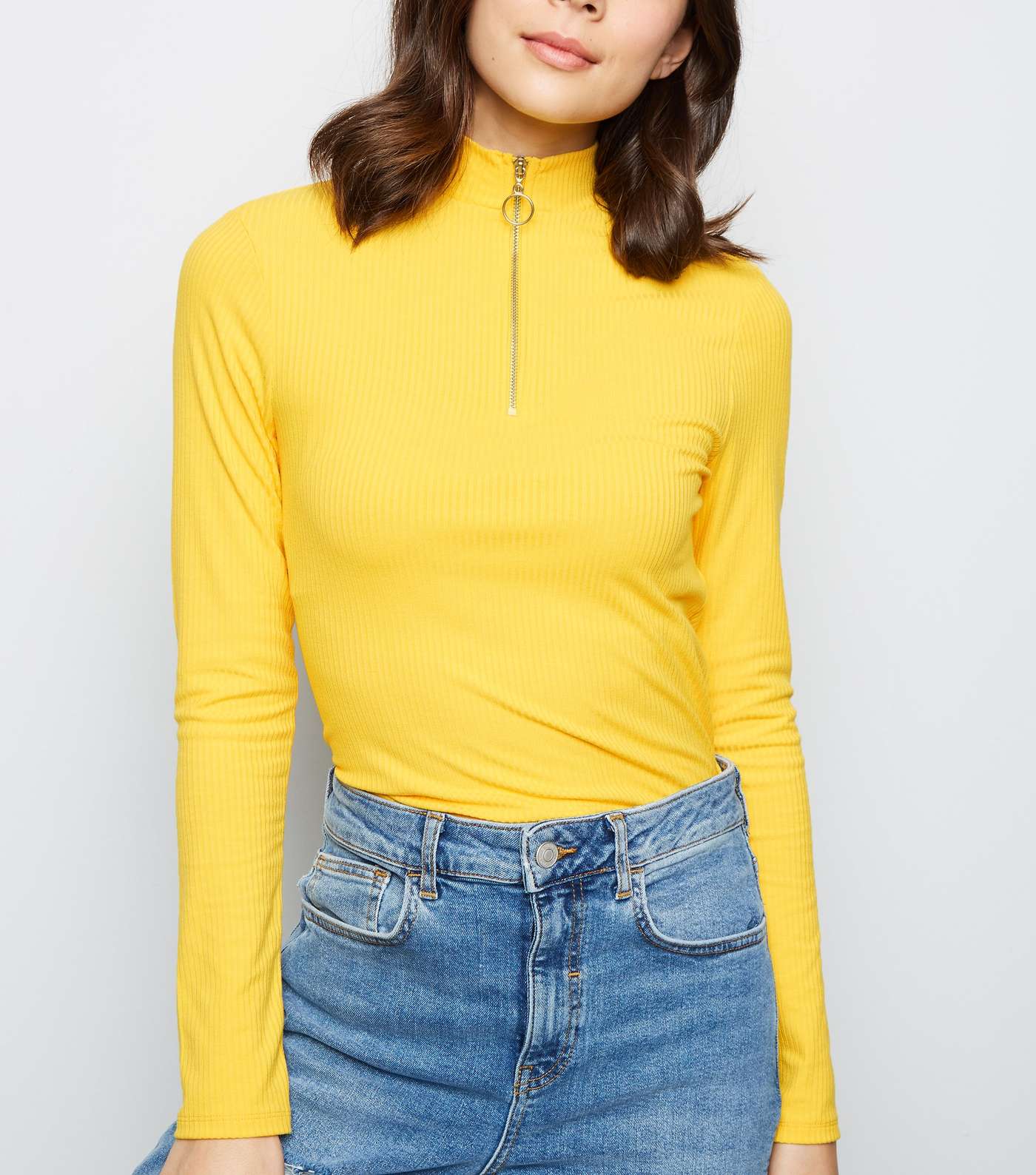 Yellow Ribbed Ring Zip High Neck Top