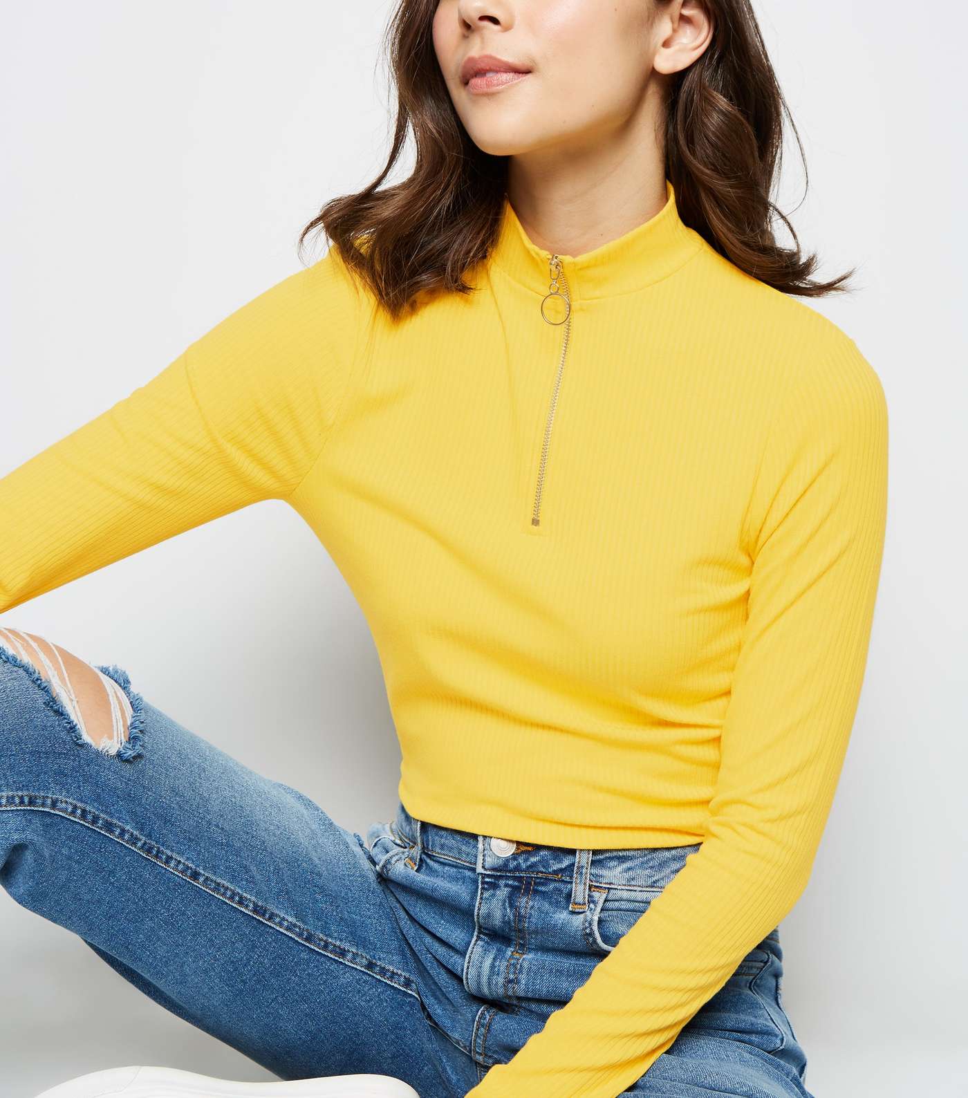 Yellow Ribbed Ring Zip High Neck Top Image 3