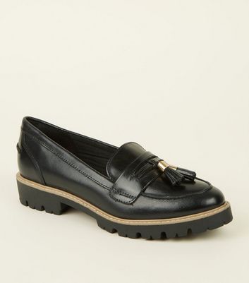 black leather chunky loafers womens