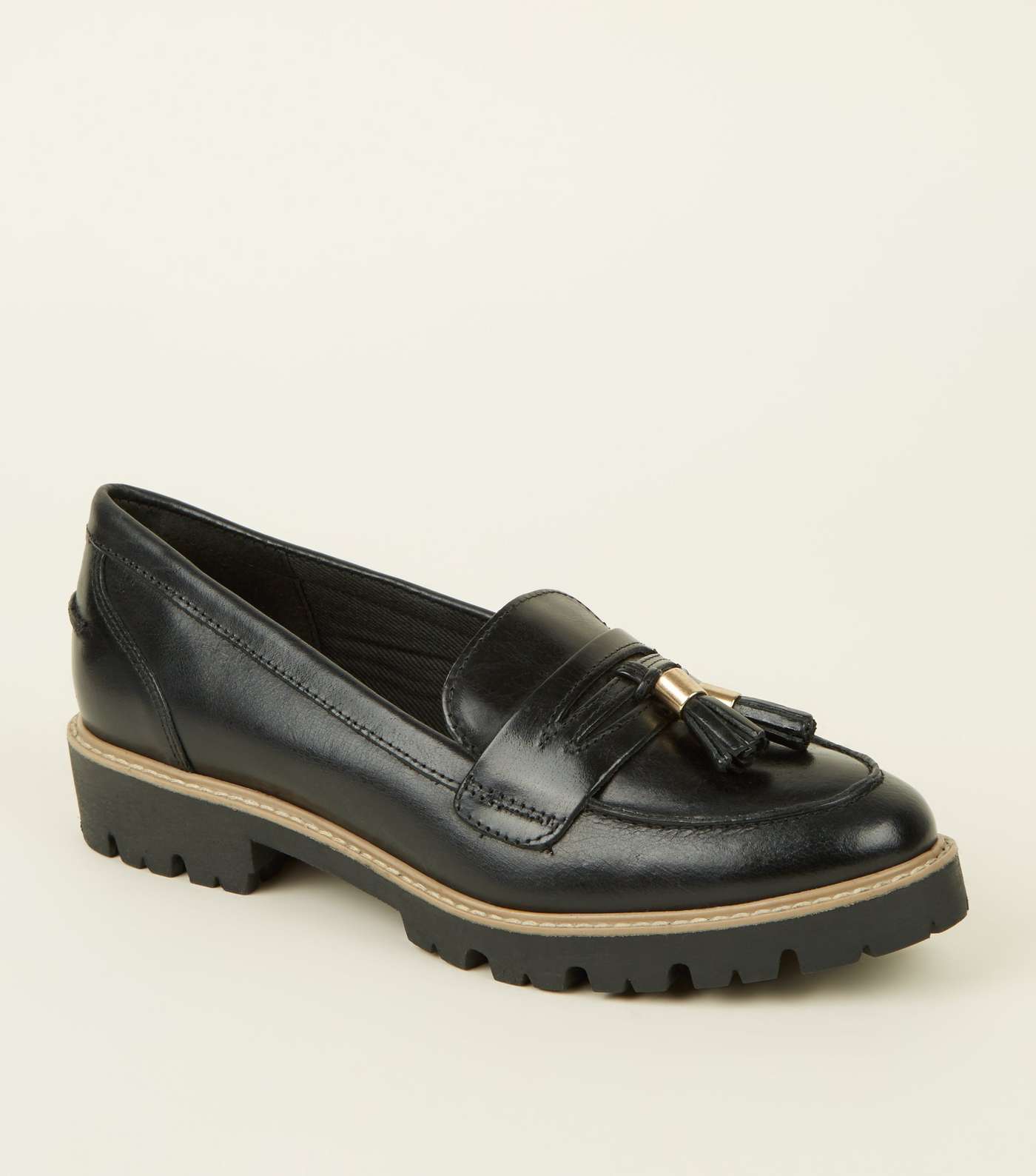 Black Leather Chunky Sole Loafers