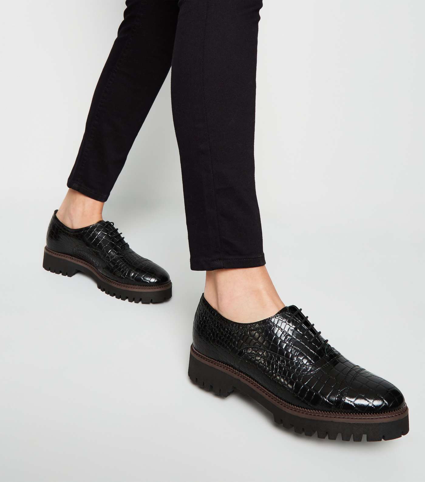 Black Leather Faux Croc Lace Up Shoes  Image 2