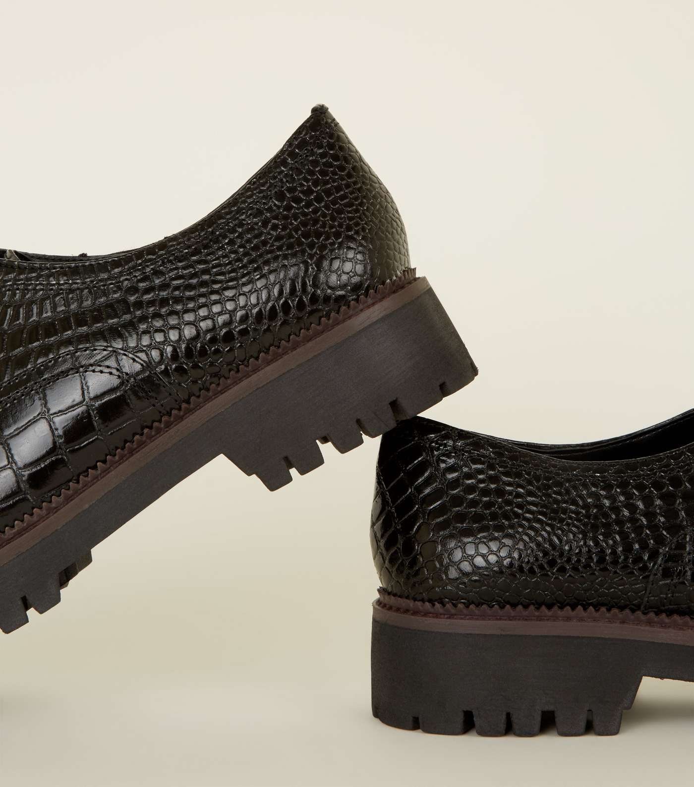 Black Leather Faux Croc Lace Up Shoes  Image 4