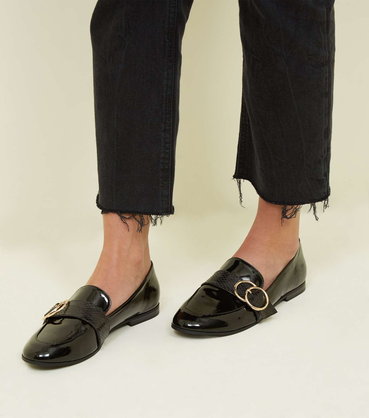 Black Patent Faux Snakeskin Ring Strap Loafers Image 2
