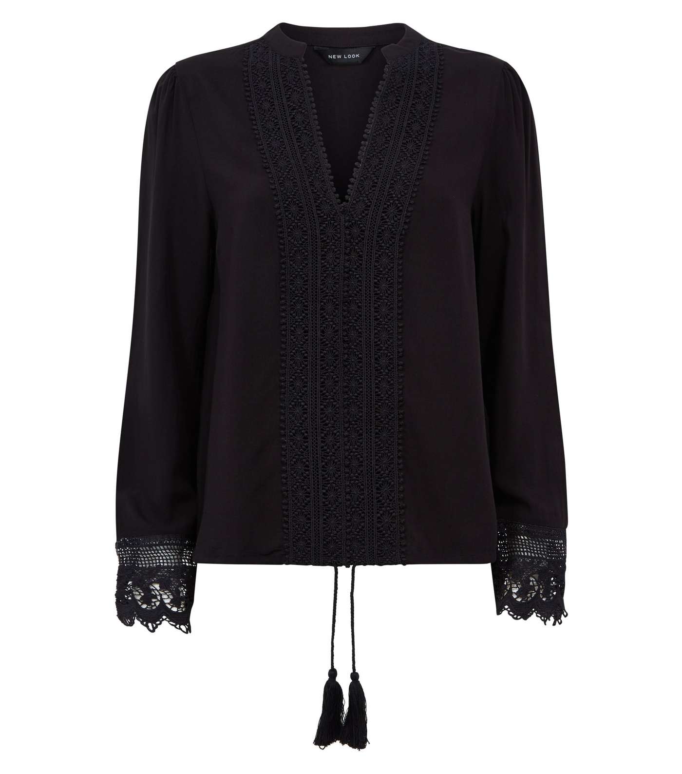 Black Crochet Trim Long Sleeve Blouse Image 4