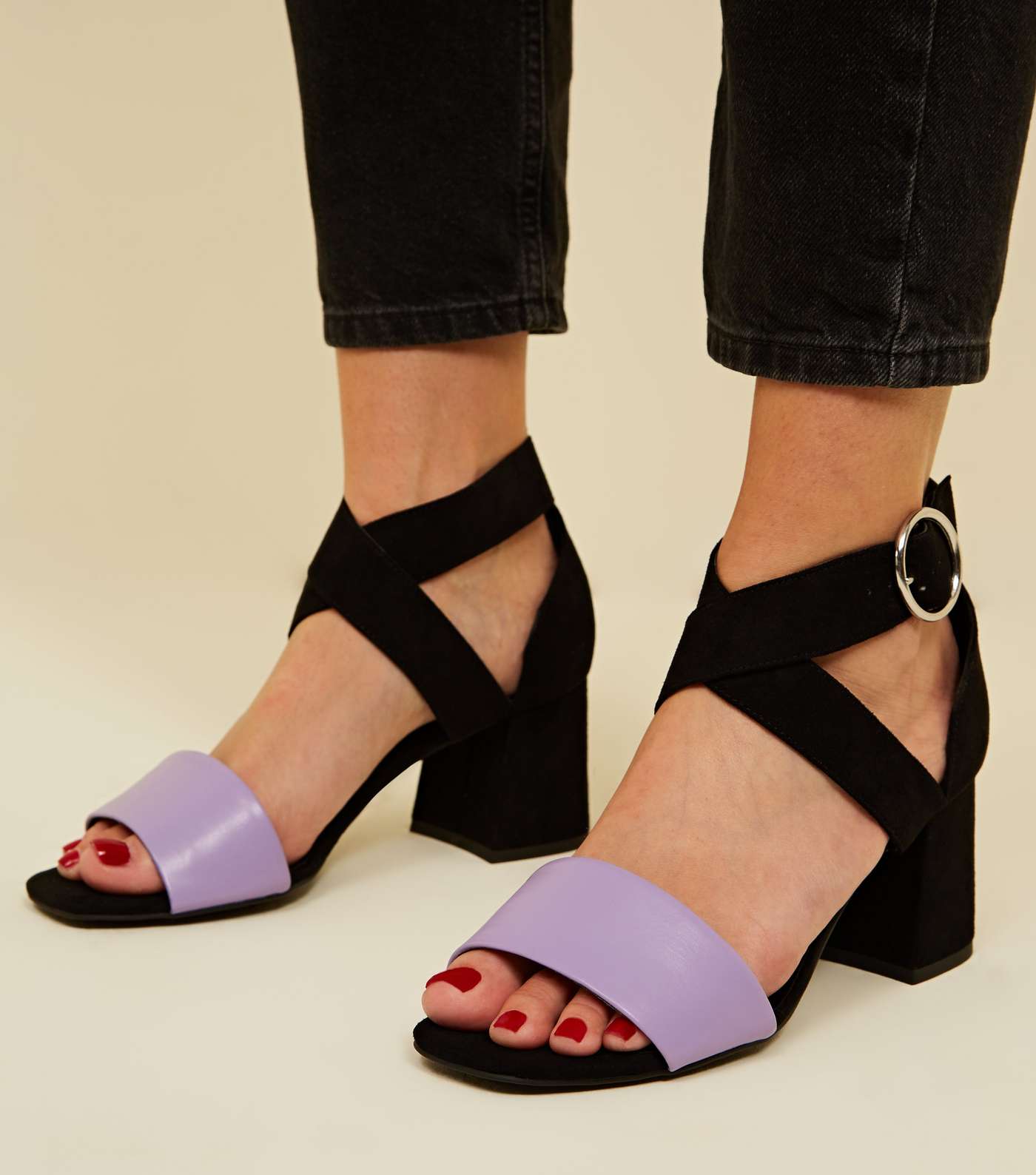 Purple Contrast Strap Flared Block Heel Sandals Image 2