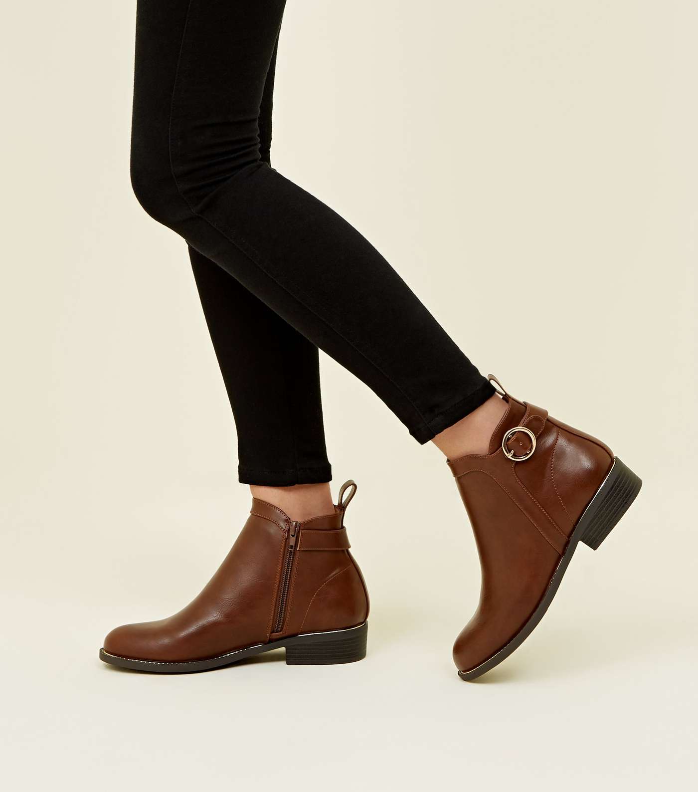 Girls Tan Leather-Look Ring Strap Ankle Boots Image 2