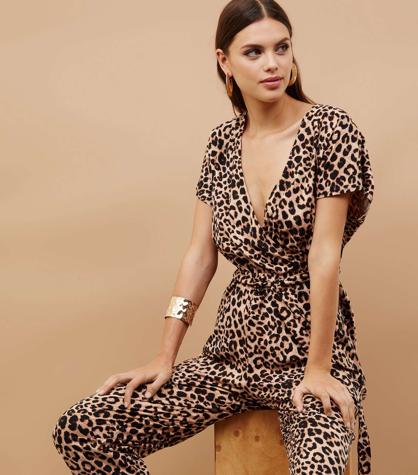 Brown Leopard Print Soft Touch Wrap Front Jumpsuit Image 6