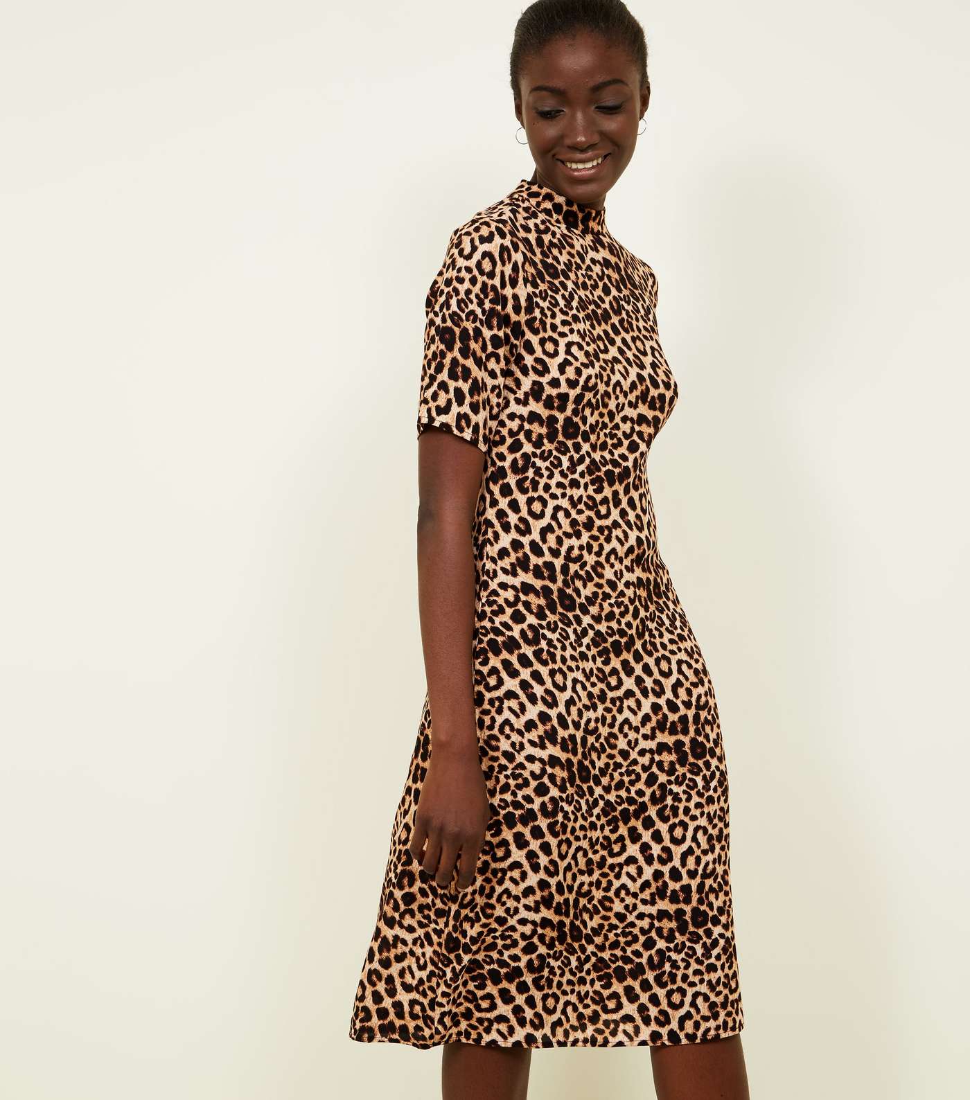 Brown Leopard Print High Neck Midi Dress