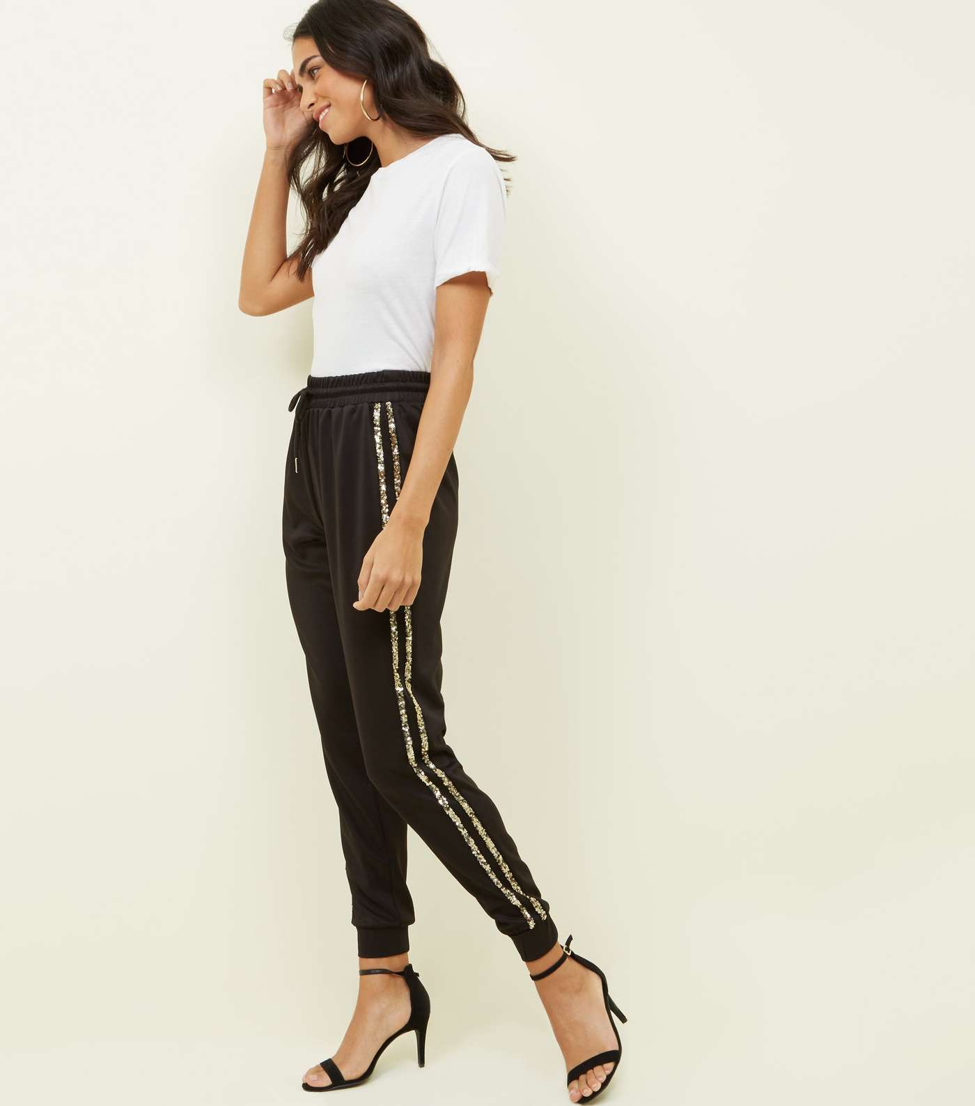 Black Sequin Side Tape Joggers 