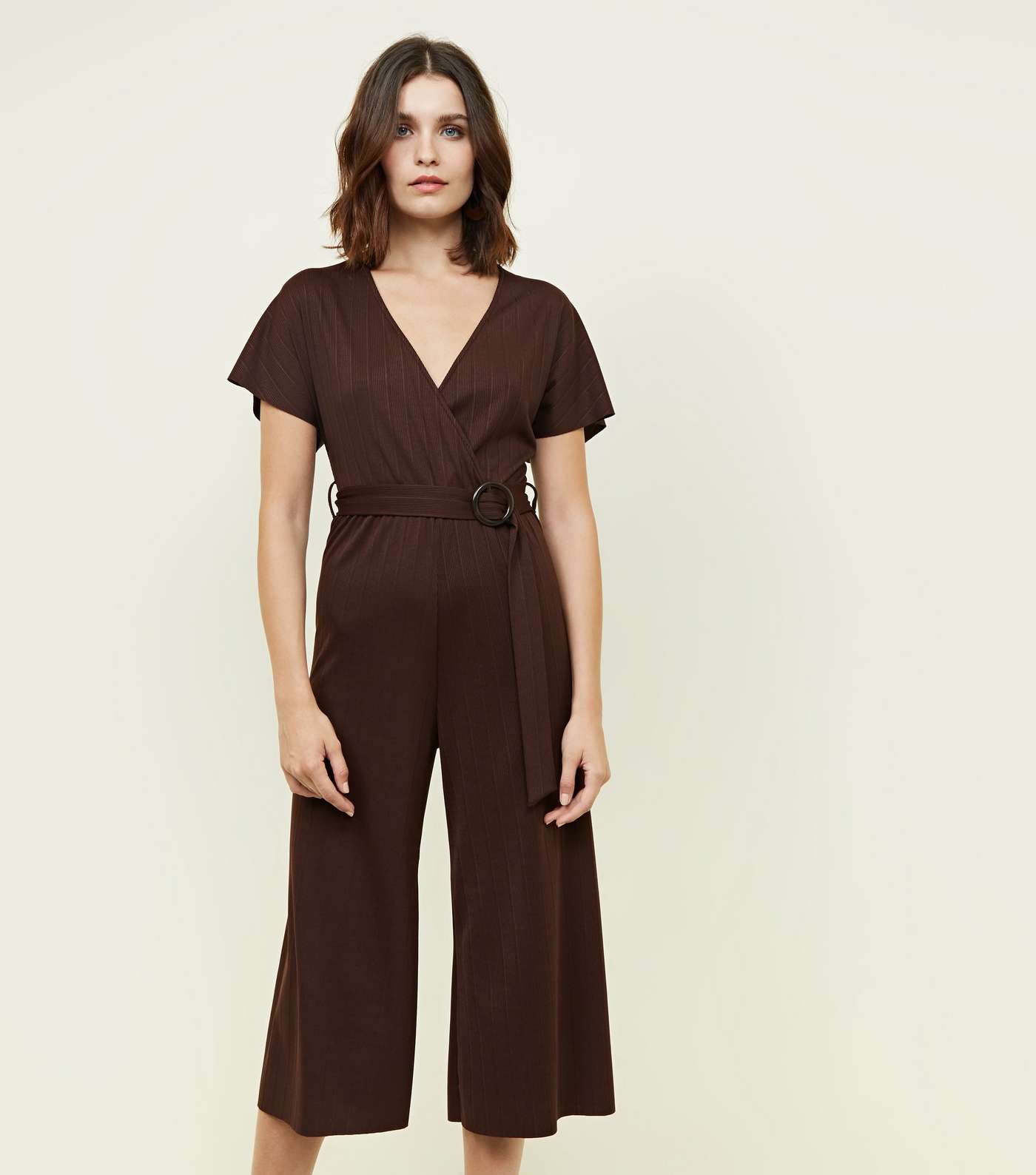 Dark Brown Ribbed Faux Horn Buckle Culotte Jumpsuit