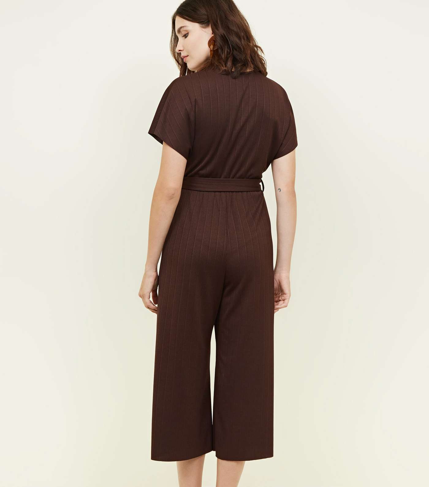 Dark Brown Ribbed Faux Horn Buckle Culotte Jumpsuit Image 3
