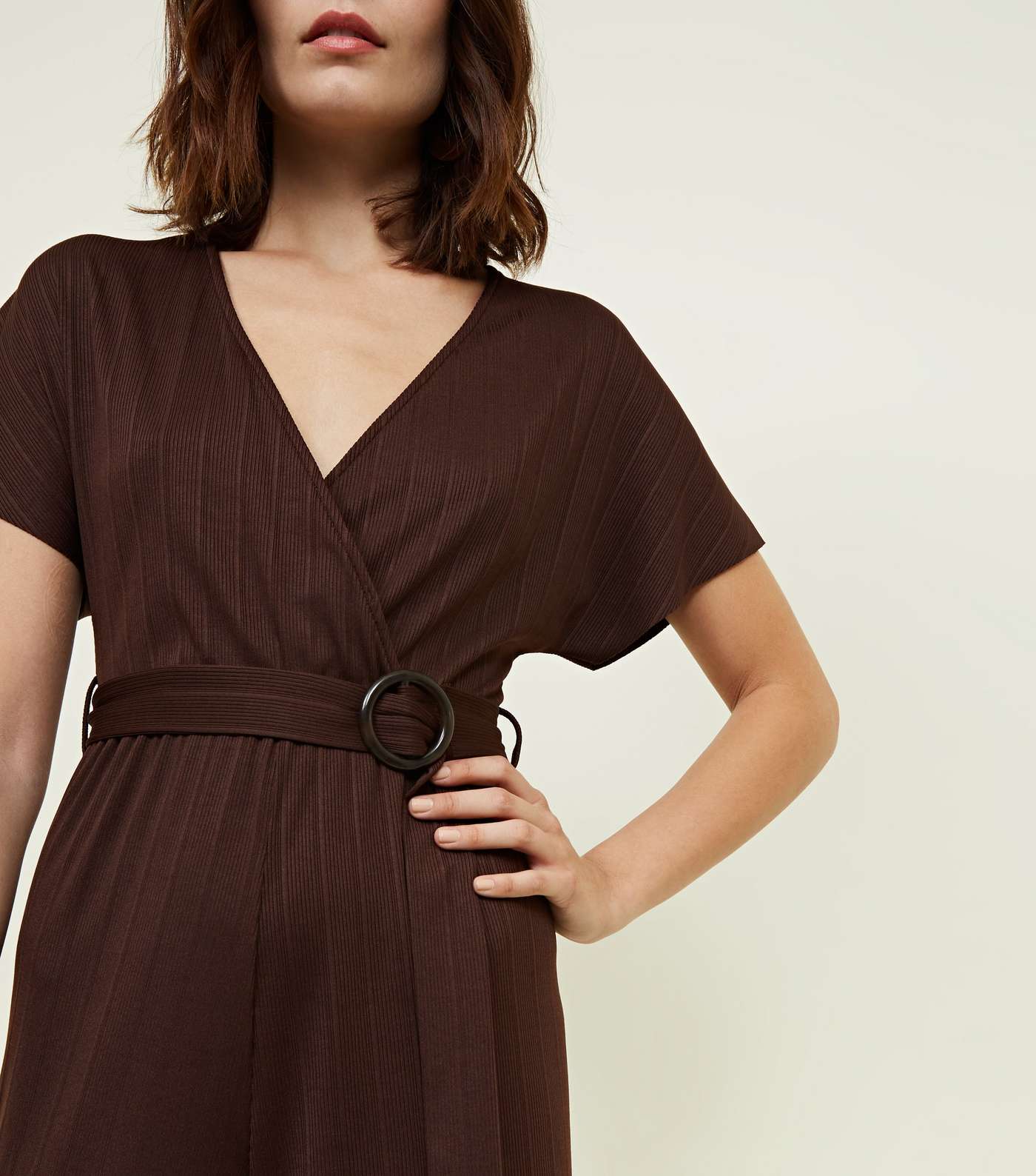 Dark Brown Ribbed Faux Horn Buckle Culotte Jumpsuit Image 5