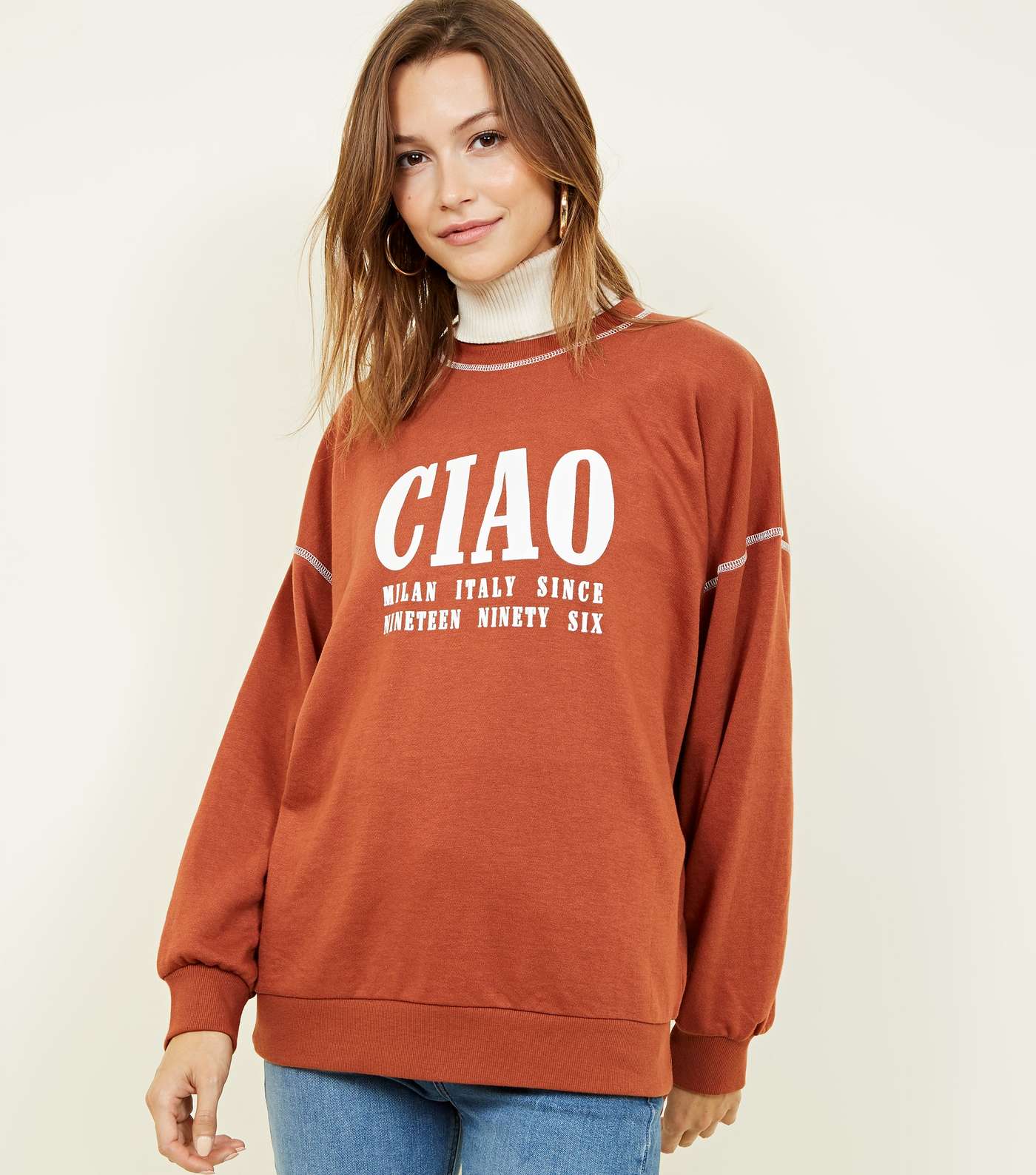 Rust Ciao Contrast Stitch Slogan Sweatshirt