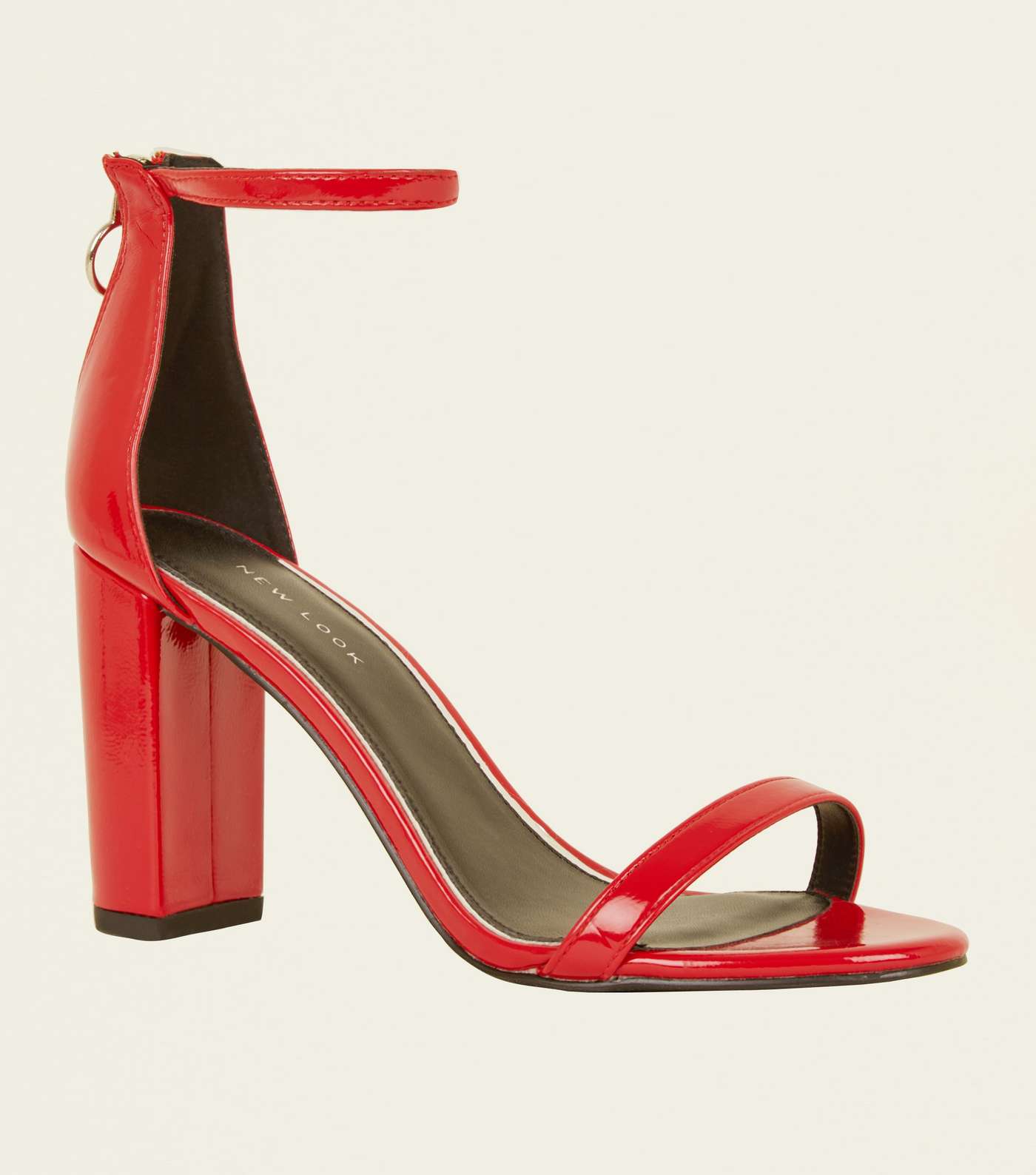 Red Patent Ankle Strap Ring Zip Block Heels