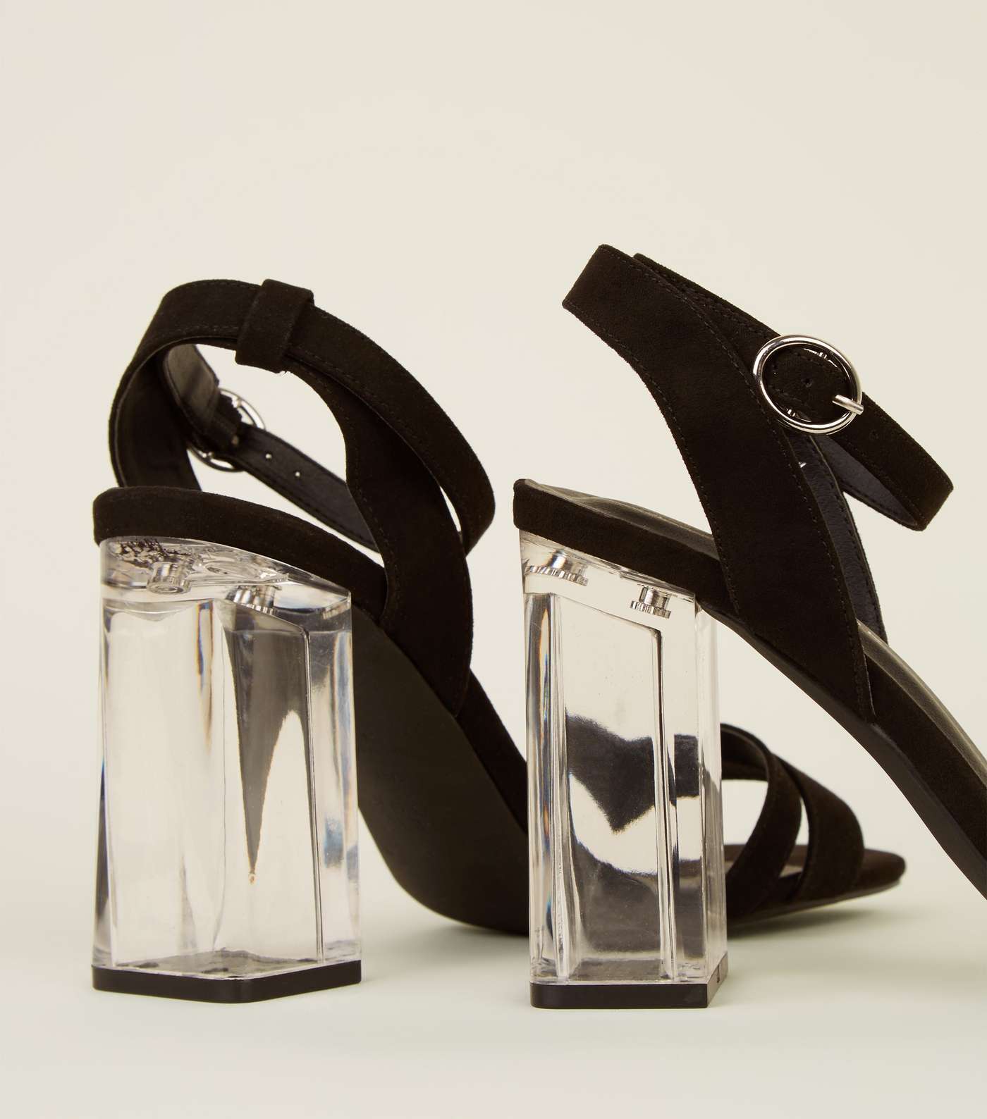 Black Suedette Strappy Clear Block Heels Image 3