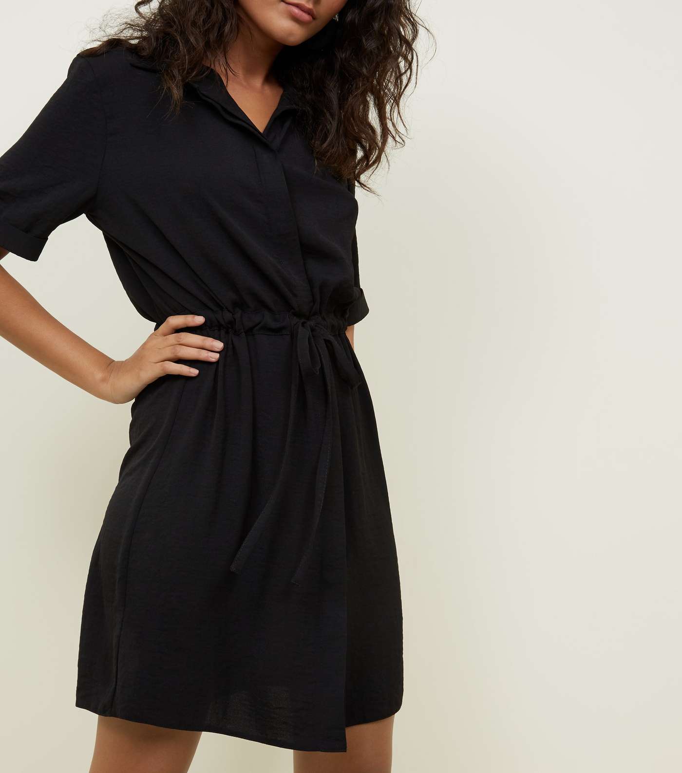 Black Drawstring Waist Shirt Dress Image 3