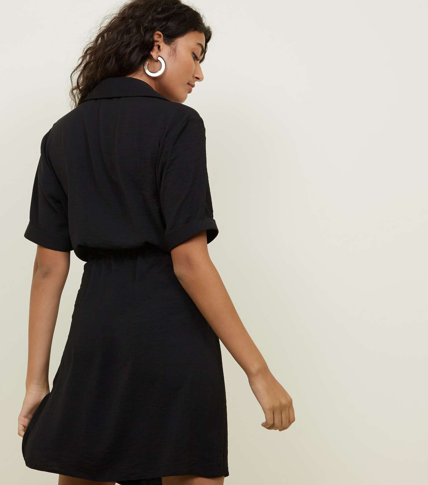 Black Drawstring Waist Shirt Dress Image 5