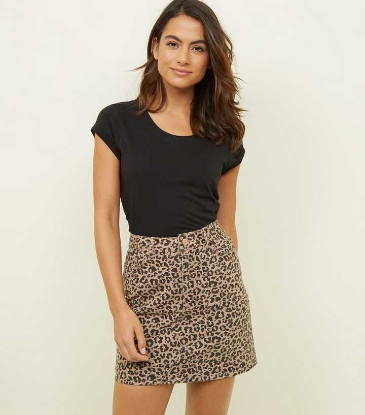 Petite Tan Leopard Print Denim Mini Skirt