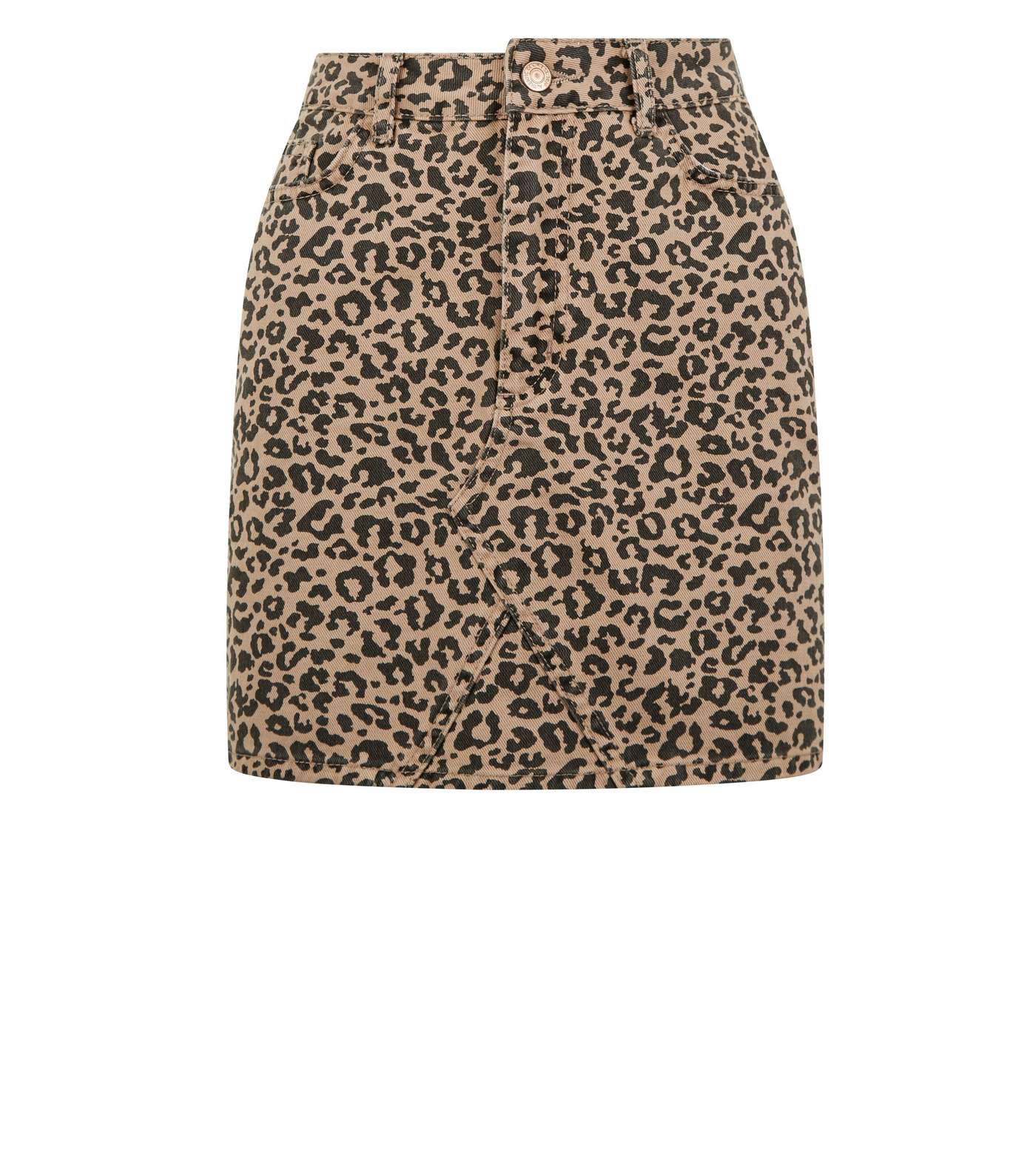 Petite Tan Leopard Print Denim Mini Skirt Image 4