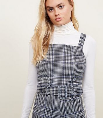 blue and white checkered jumpsuit