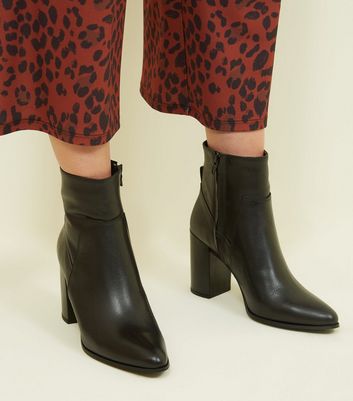 black leather booties with block heel