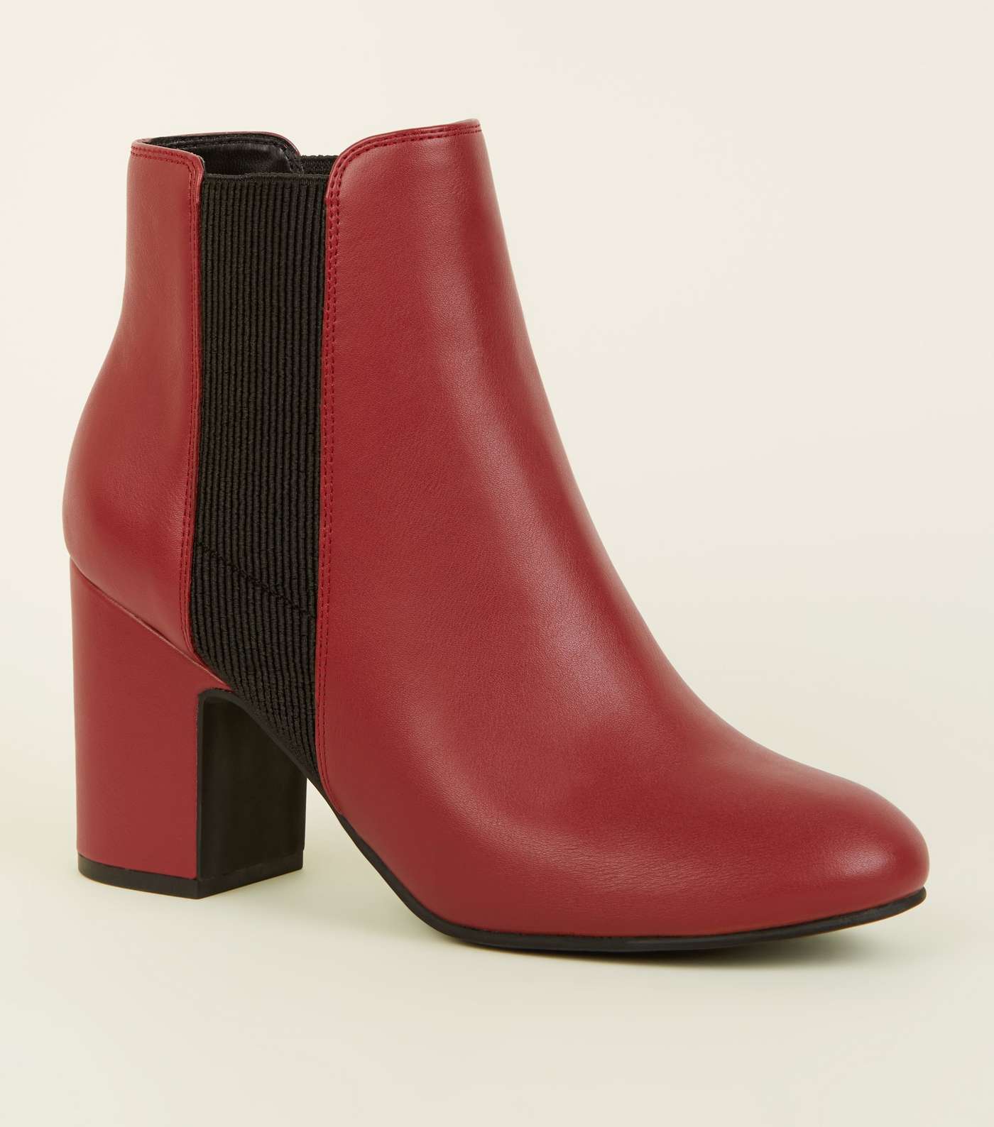 Red Leather-Look Block Heel Chelsea Boots