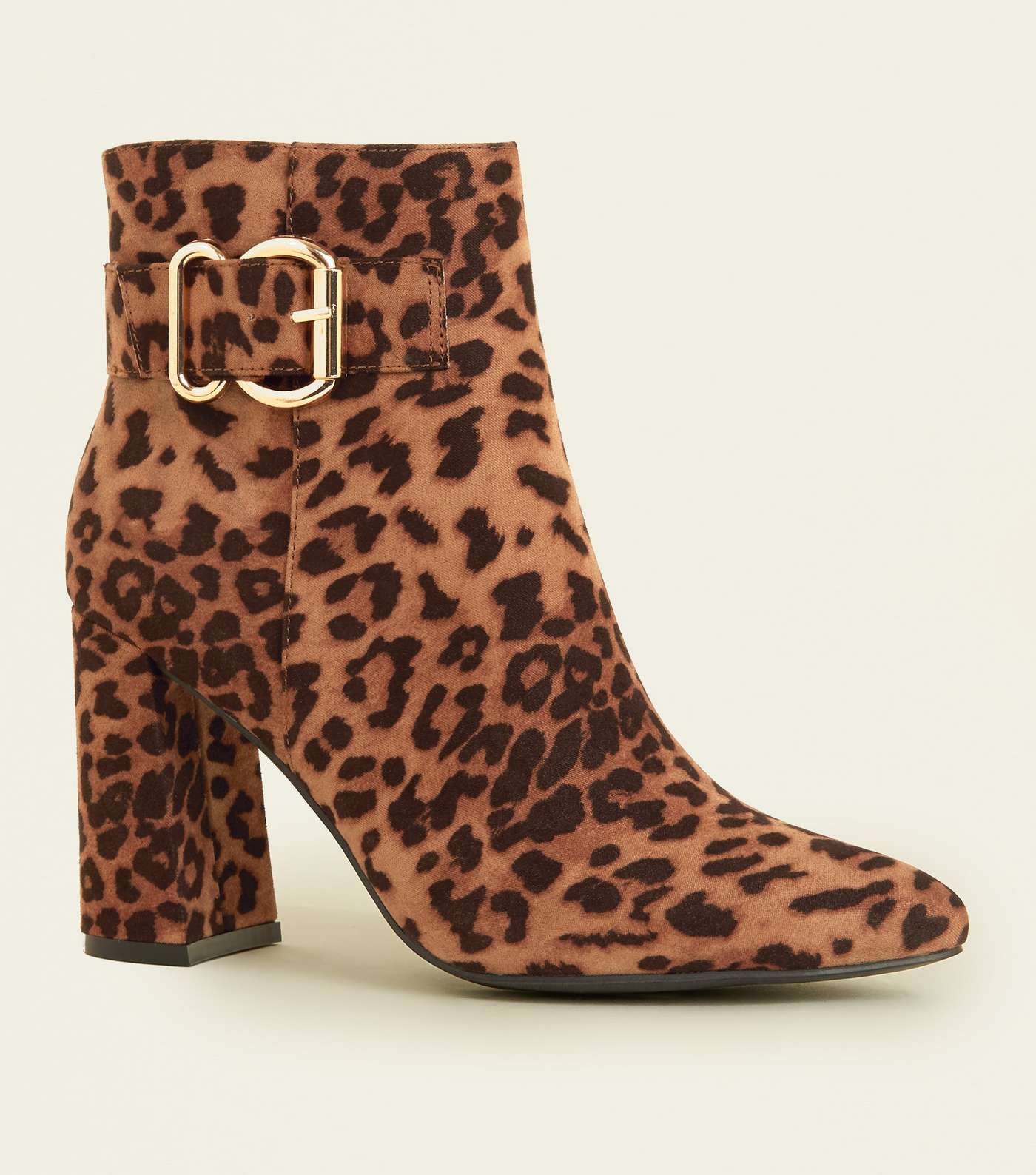 Tan Leopard Print Buckle Side Flared Heel Boots