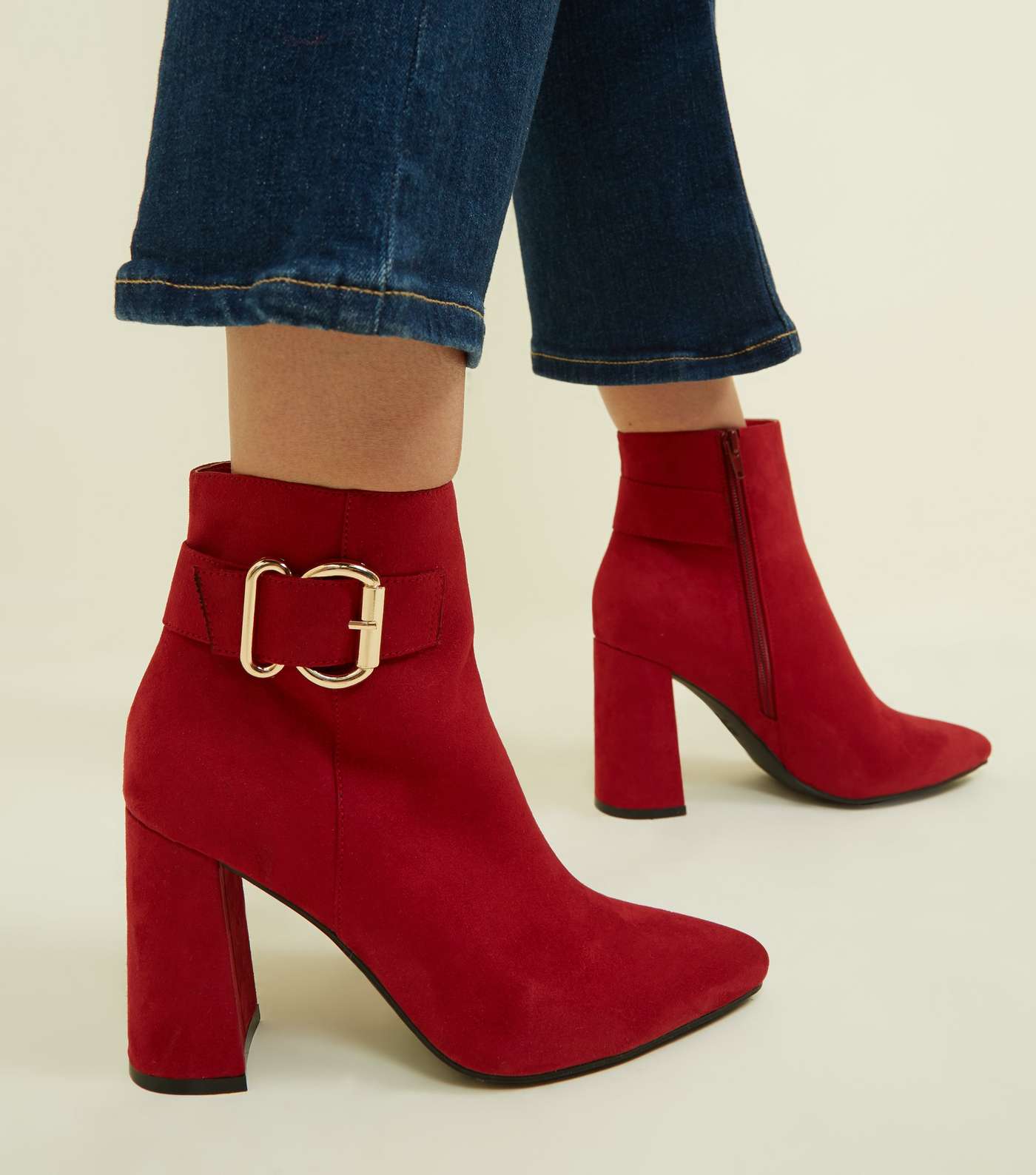 Red Suedette Buckle Side Flared Heel Boots Image 2