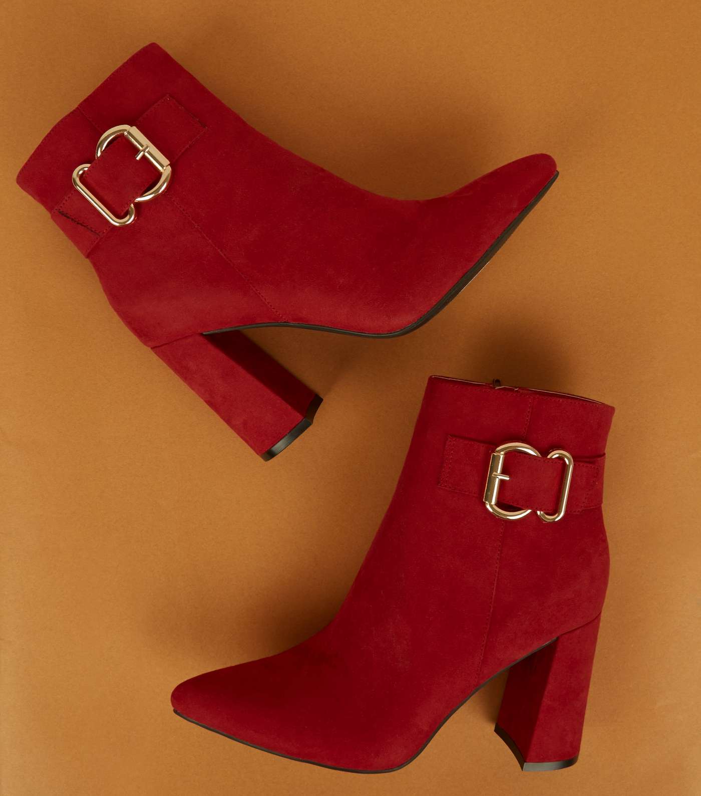 Red Suedette Buckle Side Flared Heel Boots Image 4