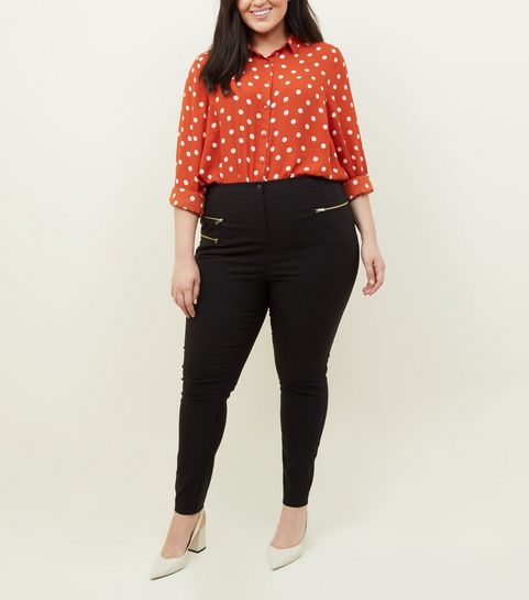 Curves Black Three Zip Skinny Stretch Trousers