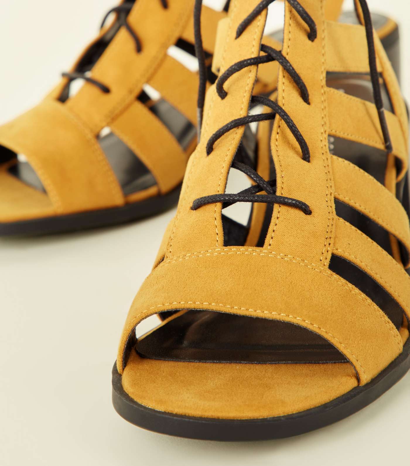 Mustard Suedette Lace Up Ghillie Low Block Heels Image 4