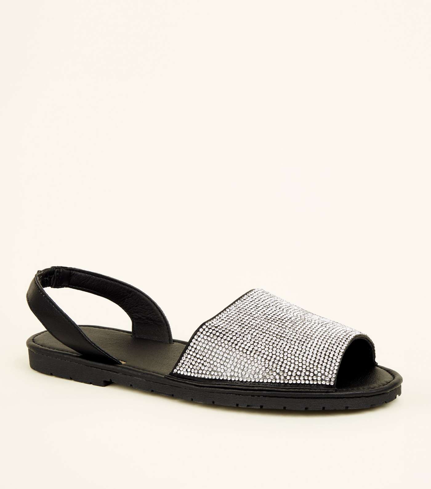 Black Diamanté Peep Toe Flat Sandals