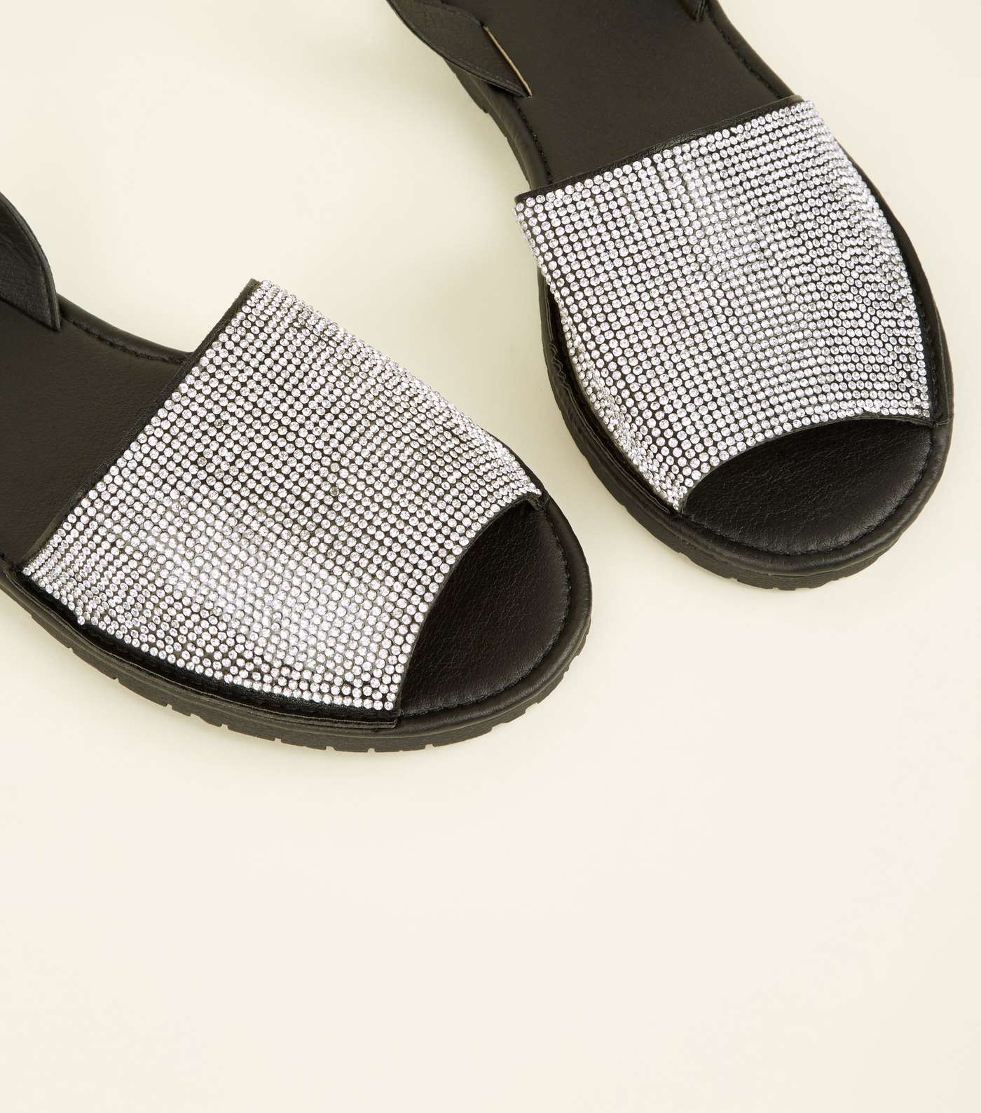 Black Diamanté Peep Toe Flat Sandals Image 3