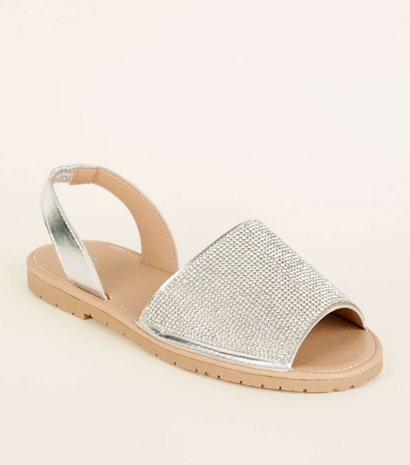 Silver Diamanté Peep Toe Flat Sandals