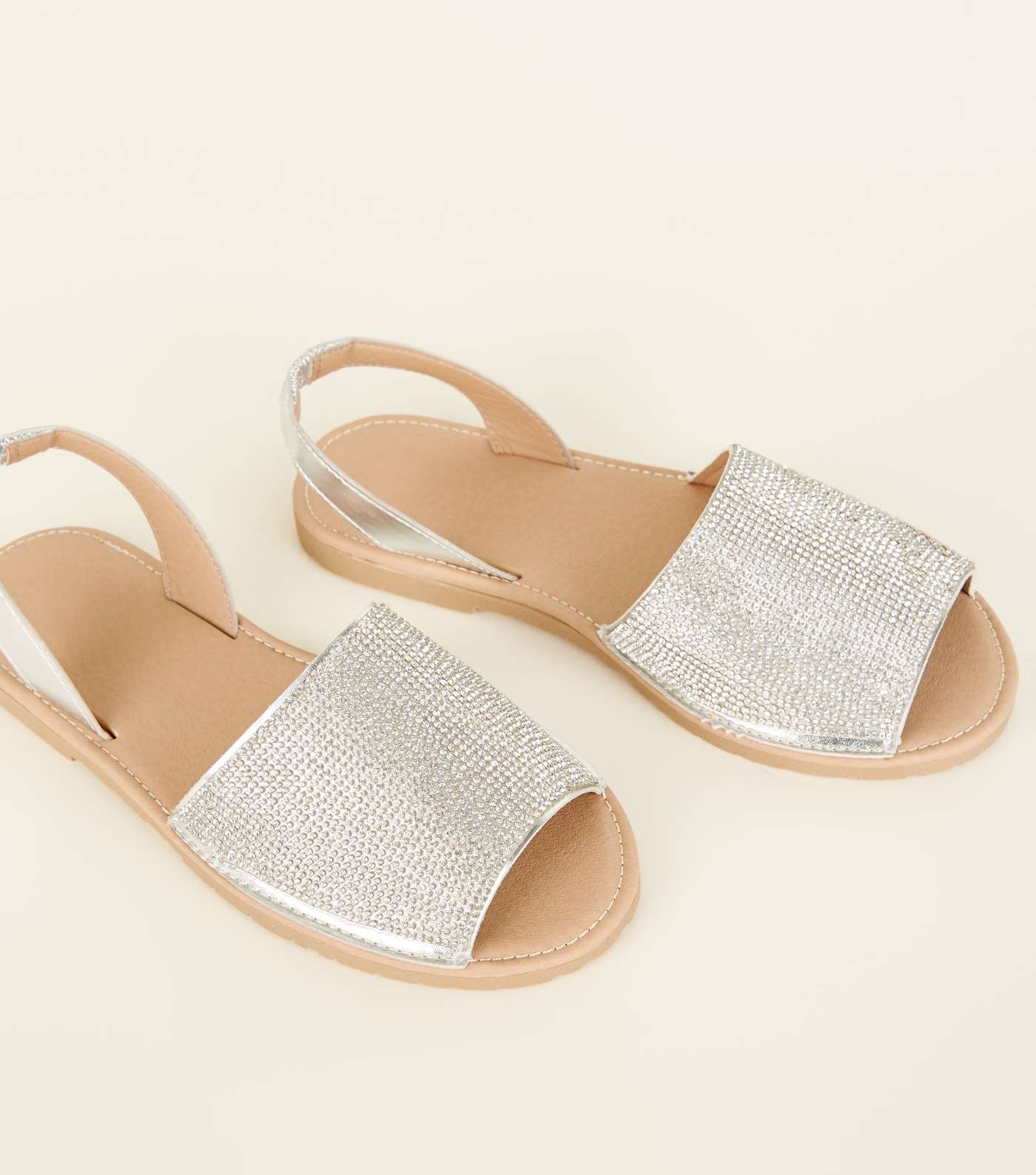 Silver Diamanté Peep Toe Flat Sandals Image 3