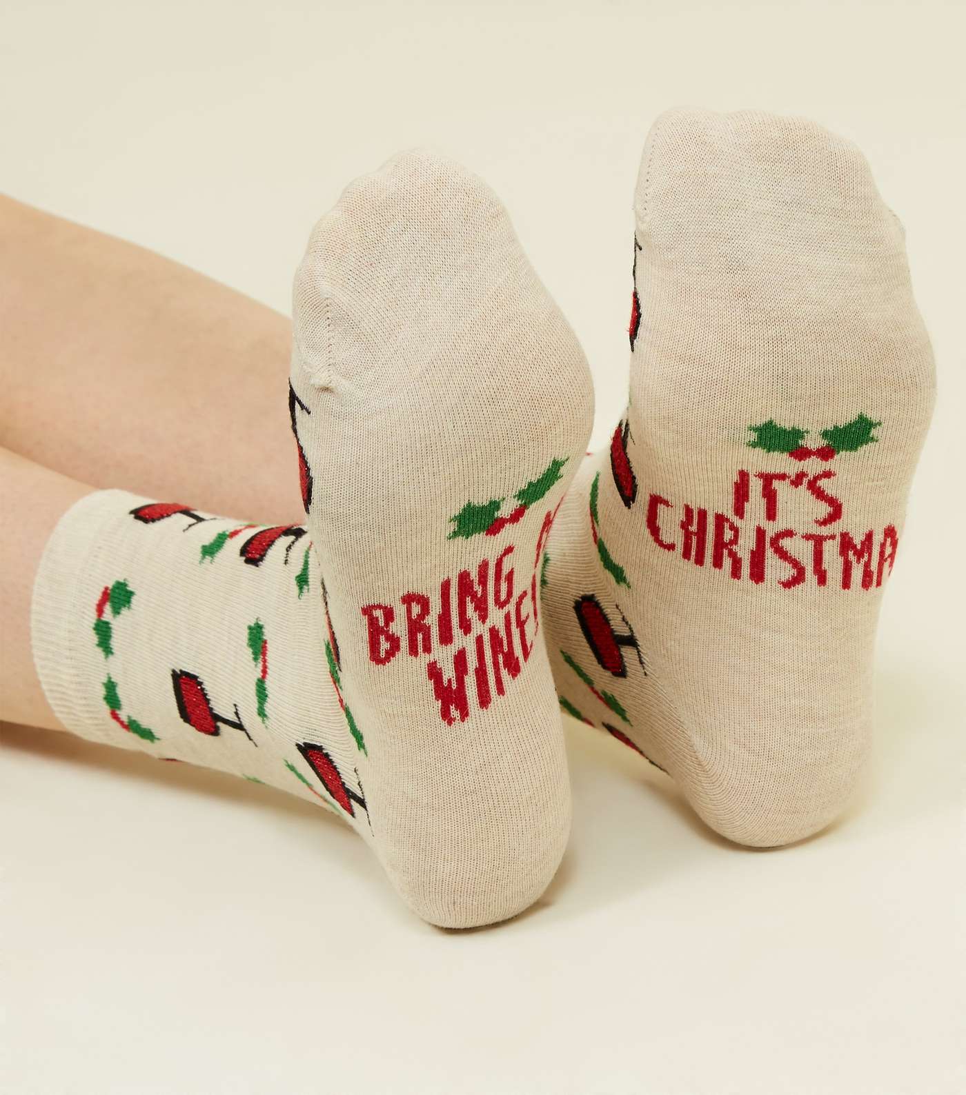 Cream Bring Me Wine Christmas Slogan Socks Image 2