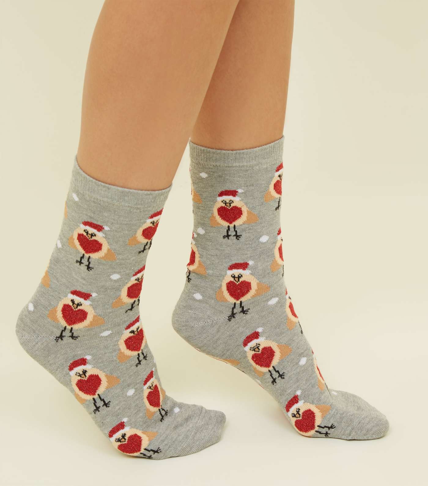 Grey Glitter Robin Pattern Socks Image 2