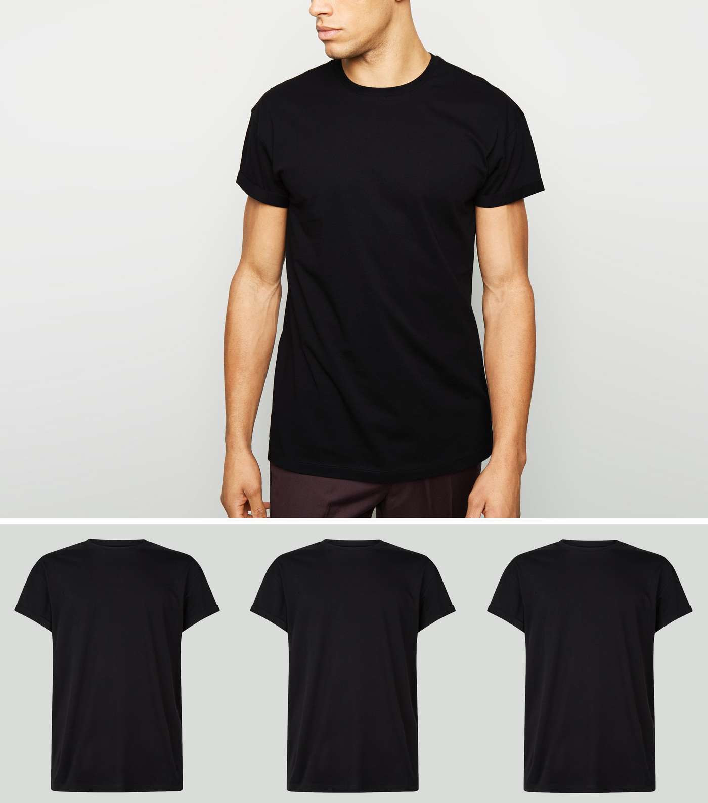 3 Pack Black Roll Sleeve T-Shirts