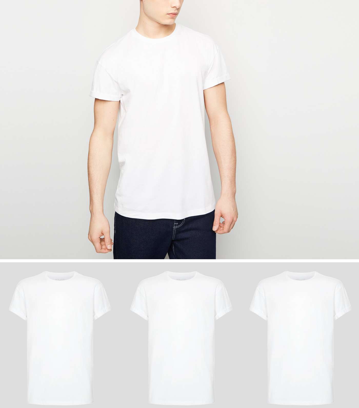 3 Pack White Roll Sleeve T-Shirts