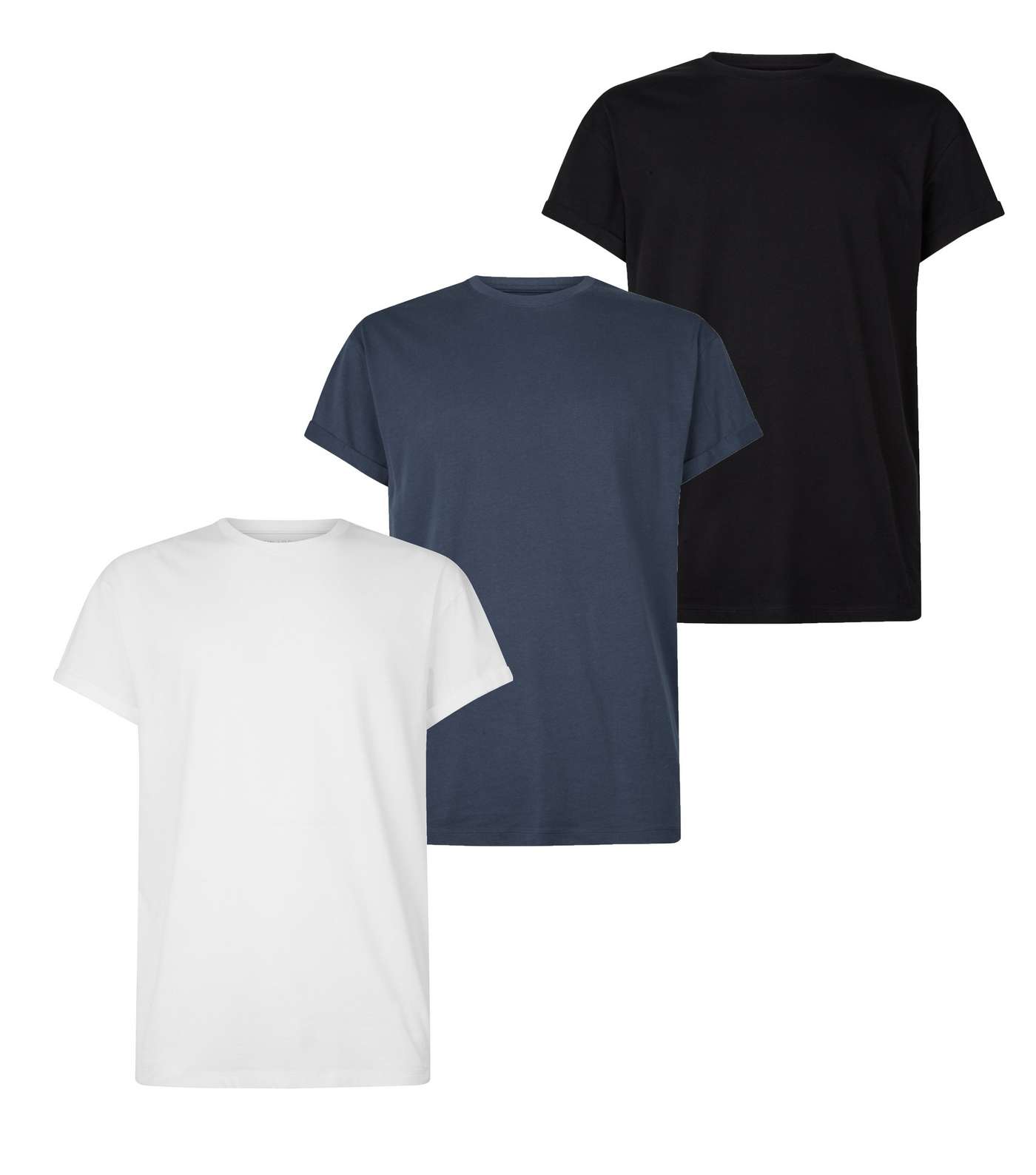 3 Pack Blue Black and White Roll Sleeve T-Shirts Image 4