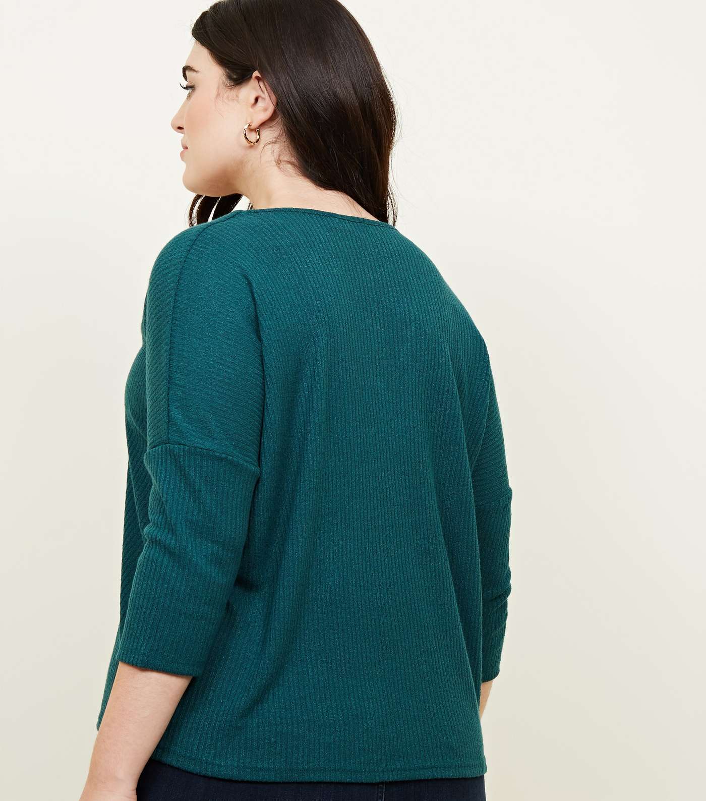 Curves Dark Green Fine Knit Button Front T-Shirt Image 5