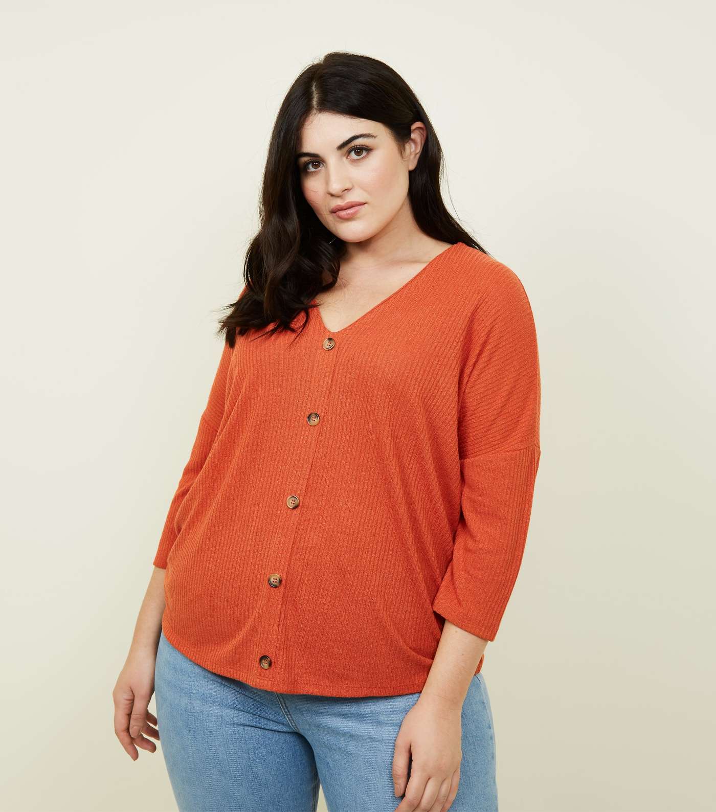Curves Orange Fine Knit Button Front T-Shirt