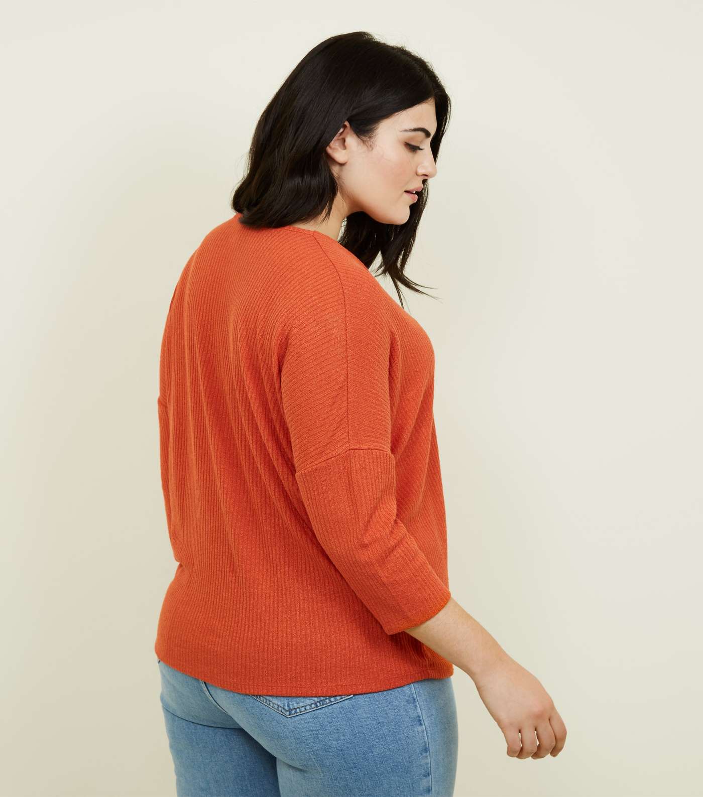 Curves Orange Fine Knit Button Front T-Shirt Image 3