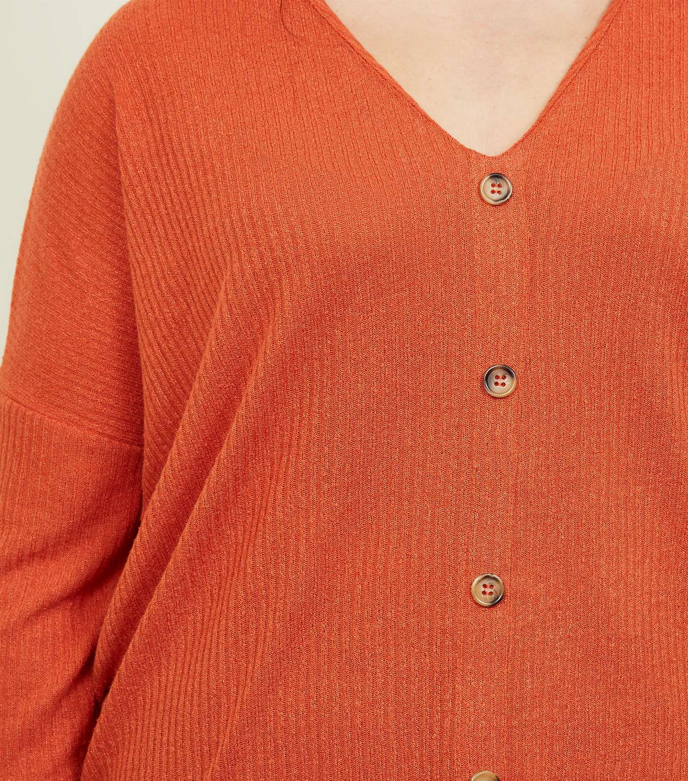 Curves Orange Fine Knit Button Front T-Shirt Image 5