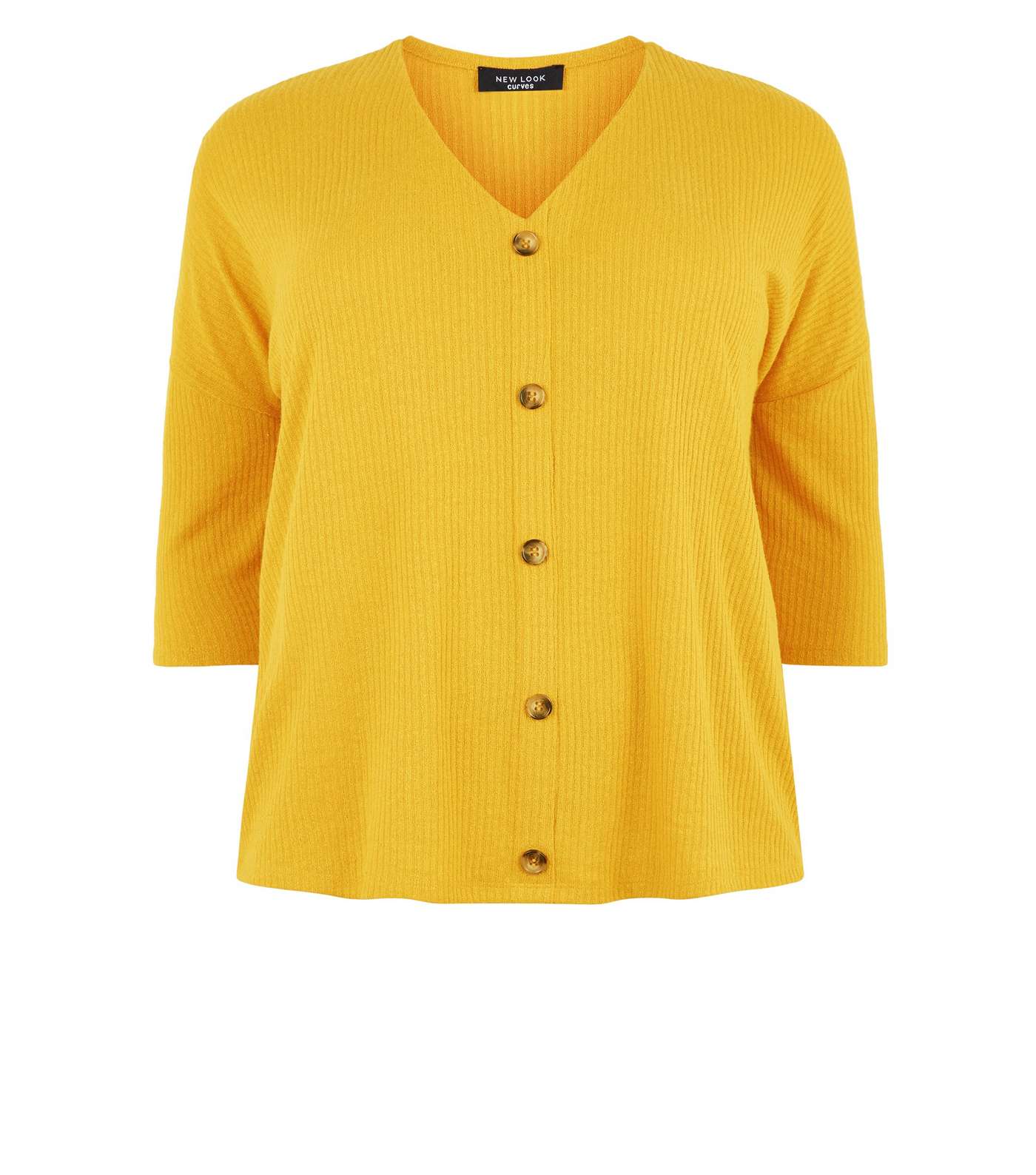 Curves Mustard Fine Knit Button Front T-Shirt Image 4