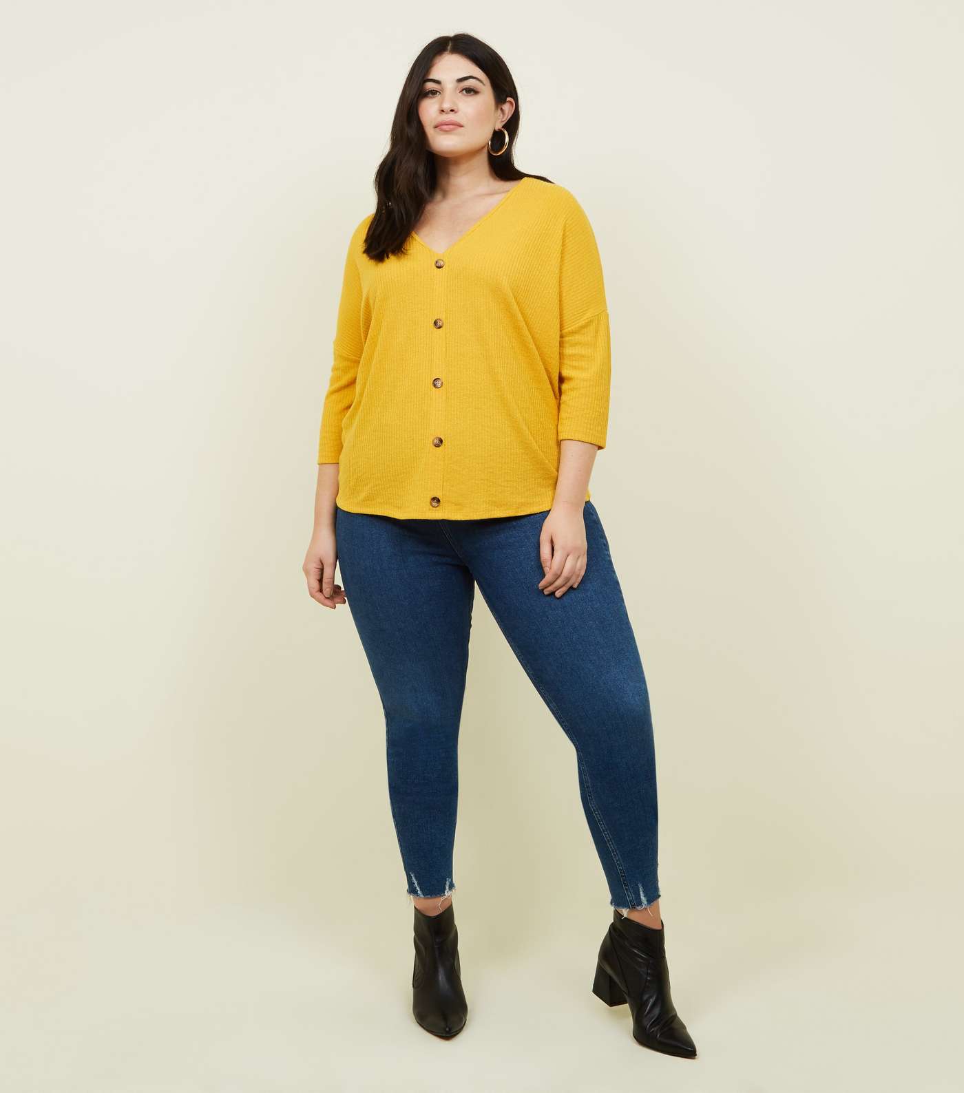 Curves Mustard Fine Knit Button Front T-Shirt Image 2