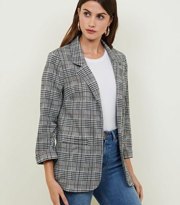 Black Check Rolled Sleeve Jersey Blazer | New Look