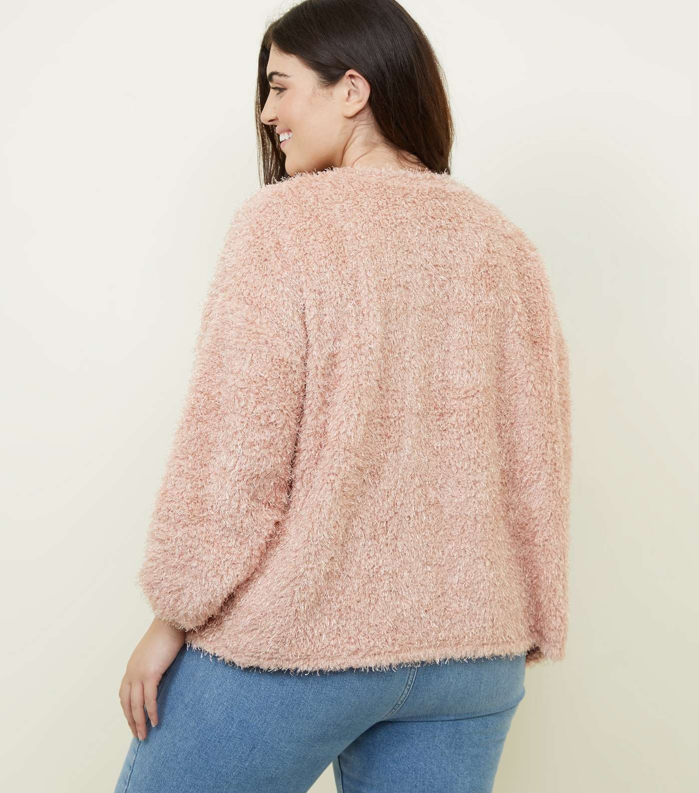 Curves Pale Pink Fluffy Fine Knit Cardigan Image 3