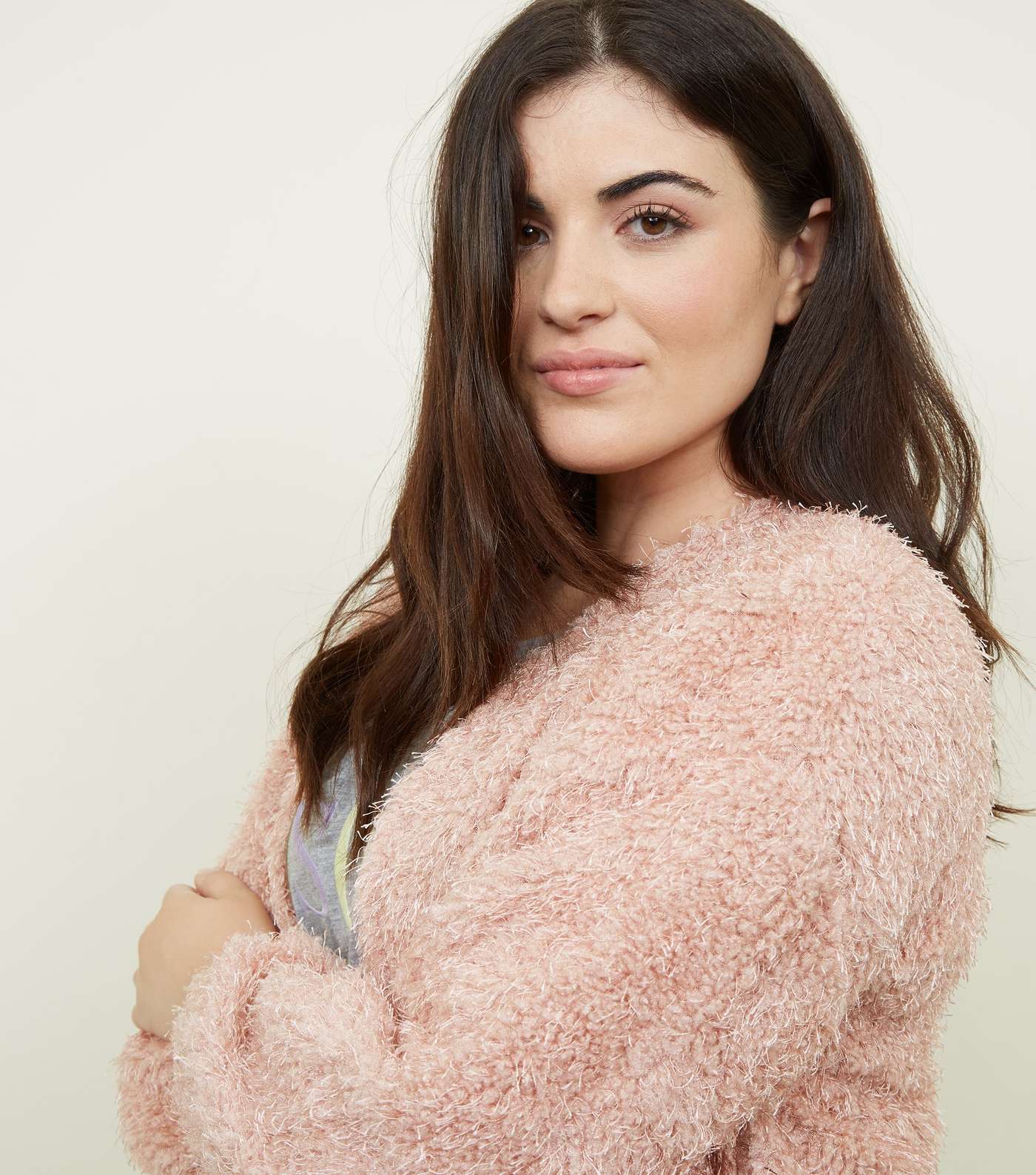 Curves Pale Pink Fluffy Fine Knit Cardigan Image 5