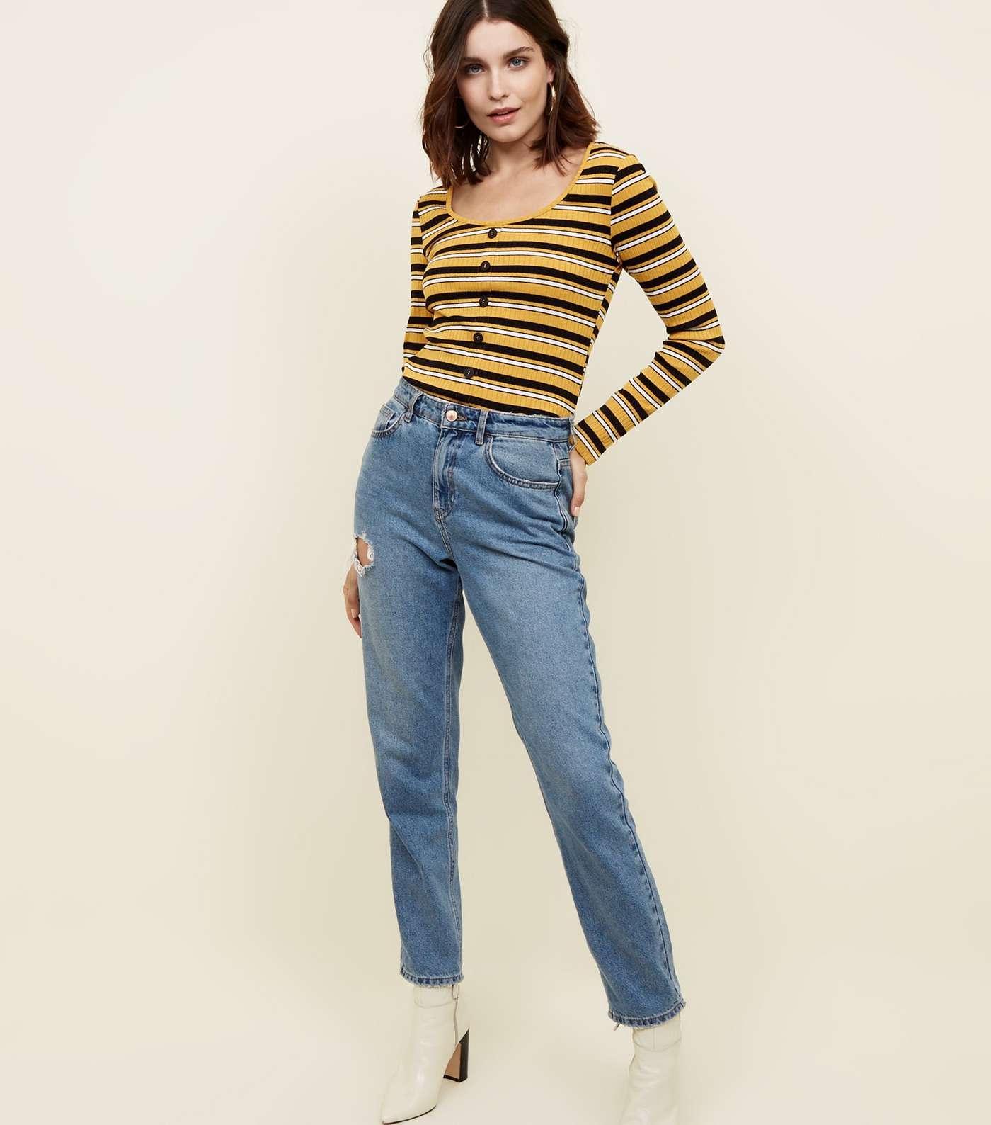 Yellow Stripe Button Front Long Sleeve Top  Image 2